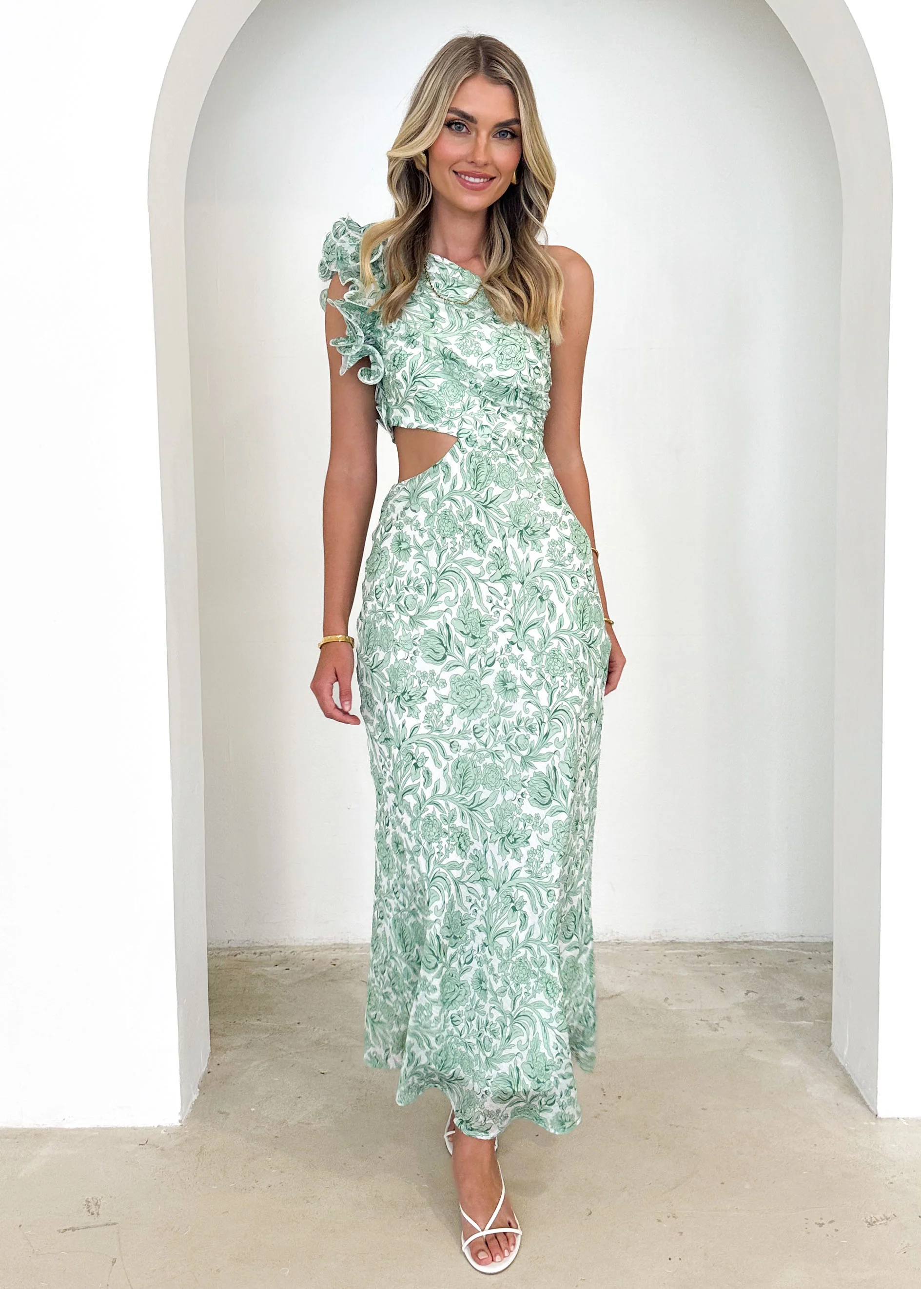 Adelia One Shoulder Midi Dress - Green Floral - Image 2