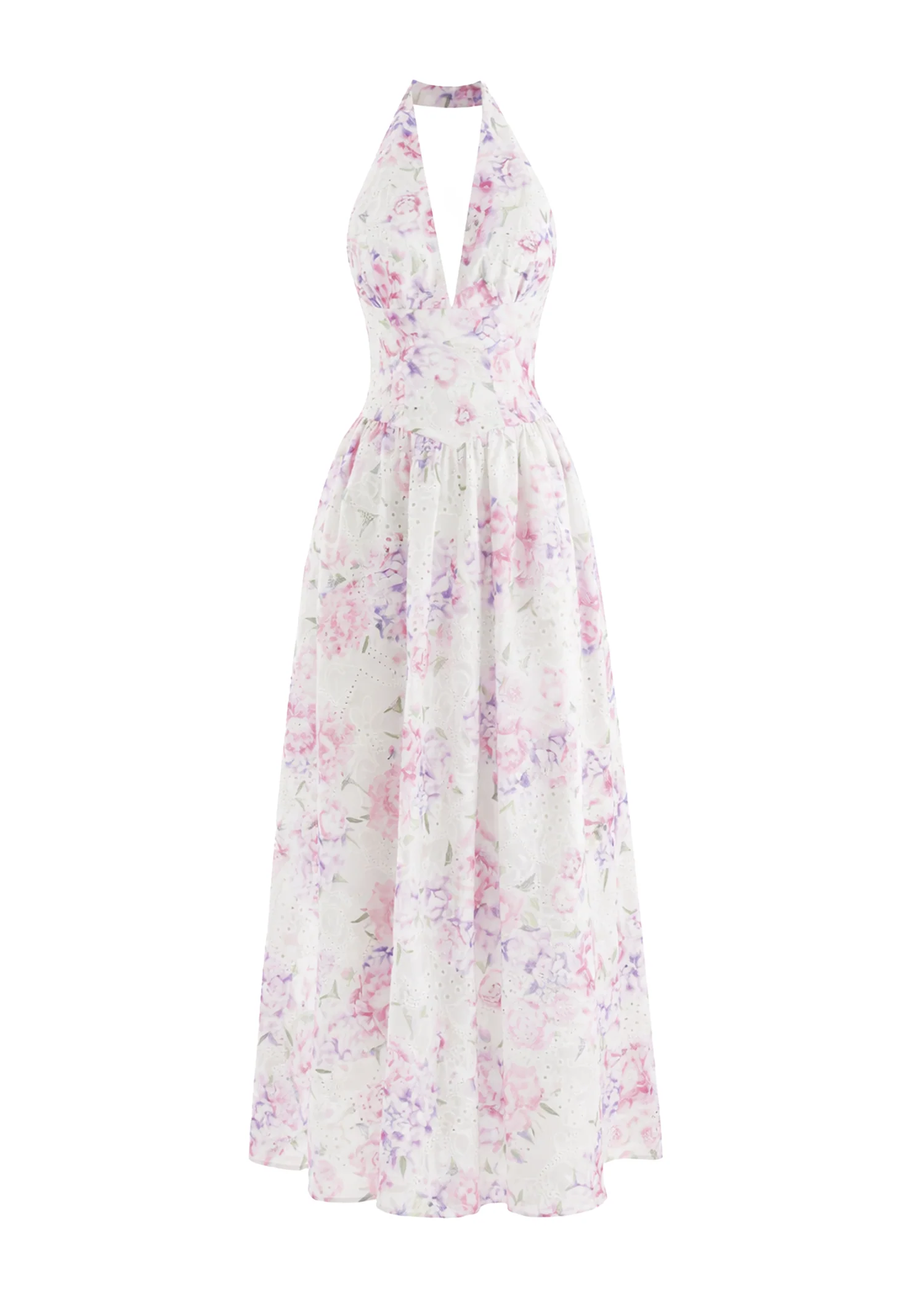 Afia Halter Embroidered Maxi Dress - Pink Flowers - Image 2