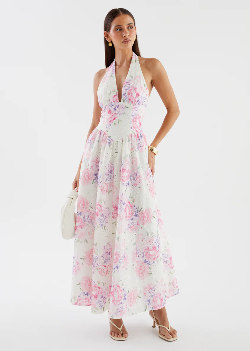 Afia Halter Embroidered Maxi Dress - Pink Flowers - Image 5