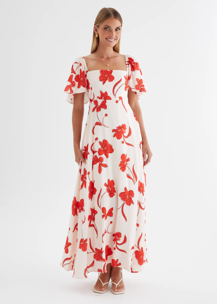 Ailea Maxi Dress - Red Flowers