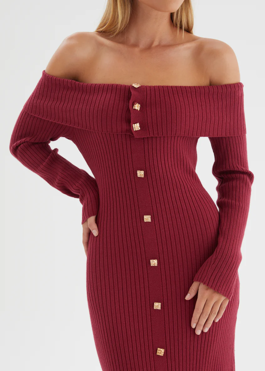Aloe Off Shoulder Knit Maxi Dress - Wine - Image 8