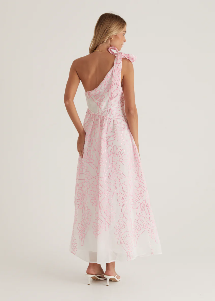 Amalfi One Shoulder Midi Dress - Pink Embroidered - Image 3