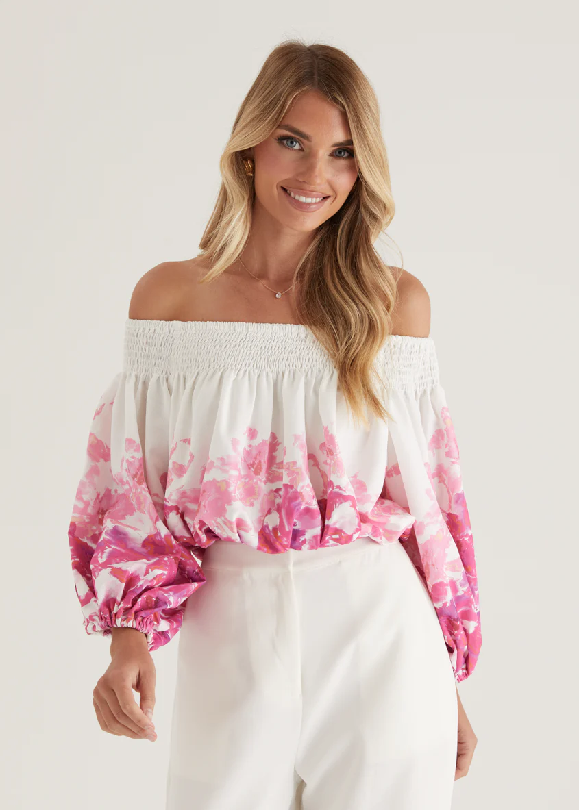 Averie Off Shoulder Top - Pink Floral - Image 12