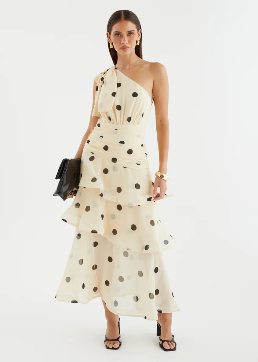 Bailee One Shoulder Midi Dress - Cream Polka - Image 23