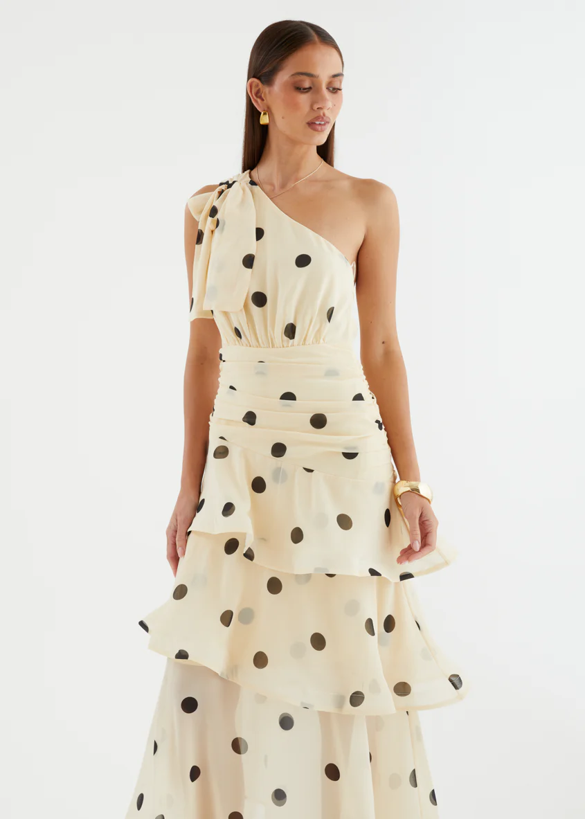 Bailee One Shoulder Midi Dress - Cream Polka - Image 6