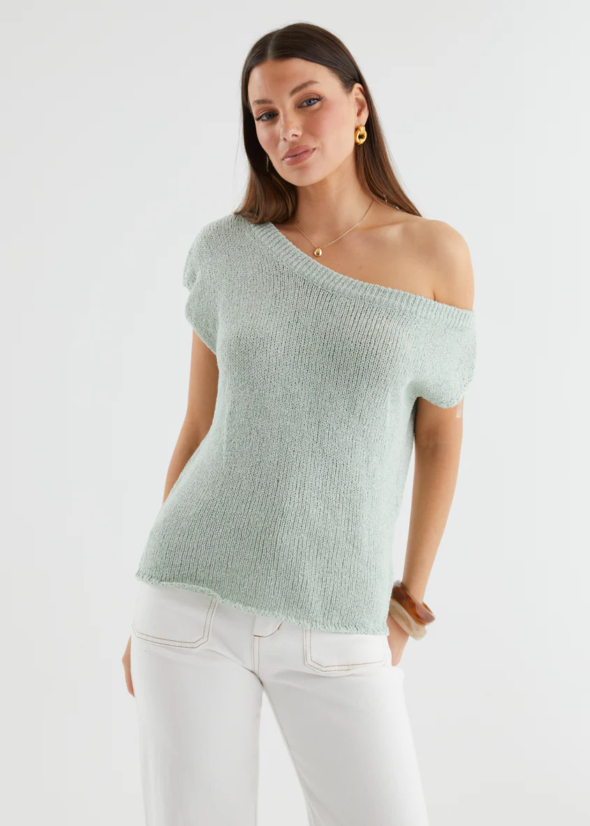 Casoni One Shoulder Knit Top - Sage - Image 2
