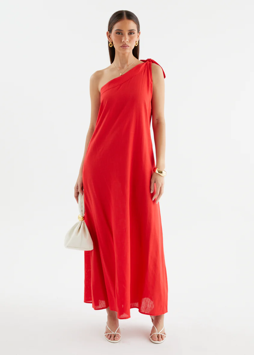 Debra One Shoulder Maxi Dress - Red - Image 2