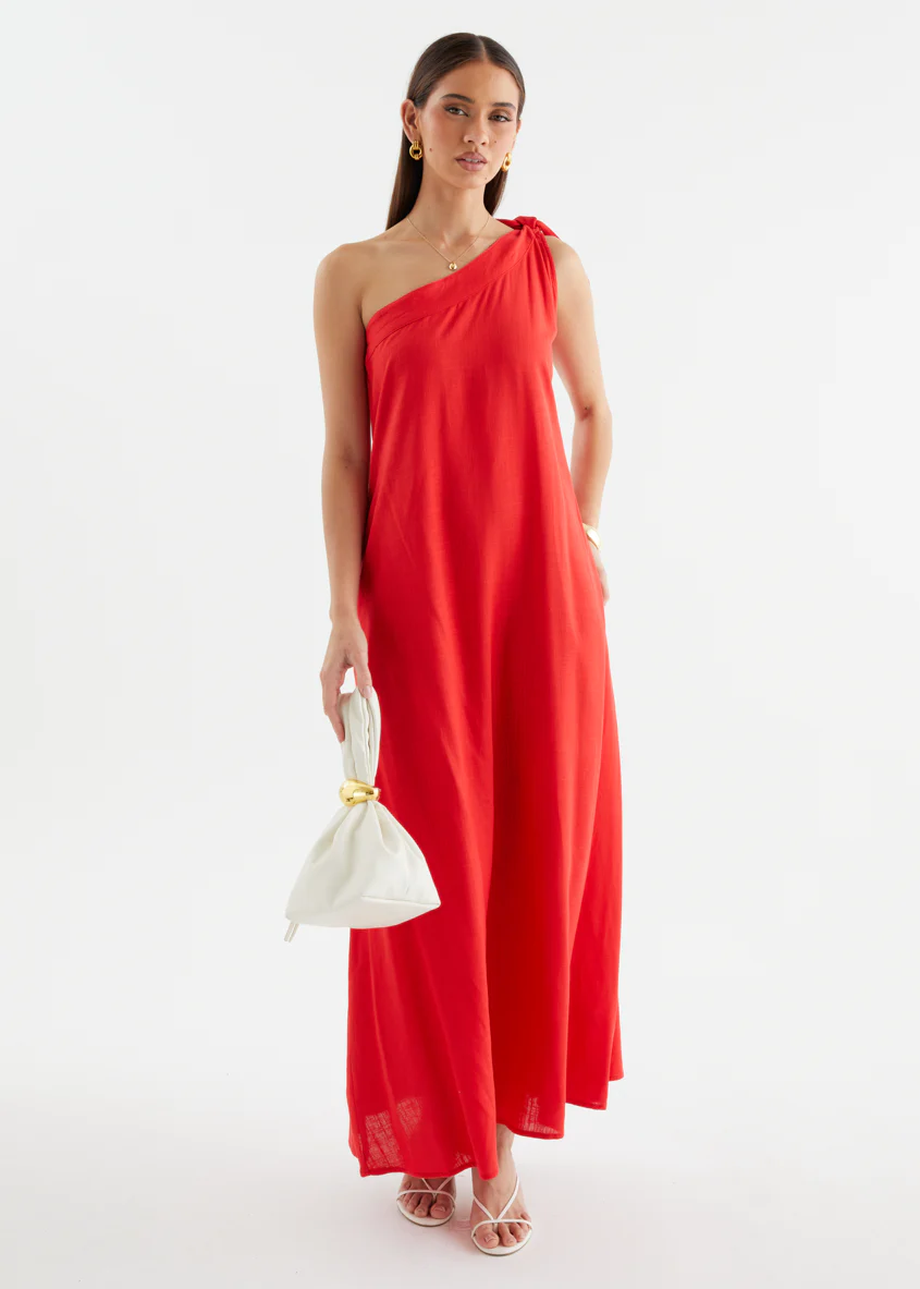Debra One Shoulder Maxi Dress - Red - Image 4