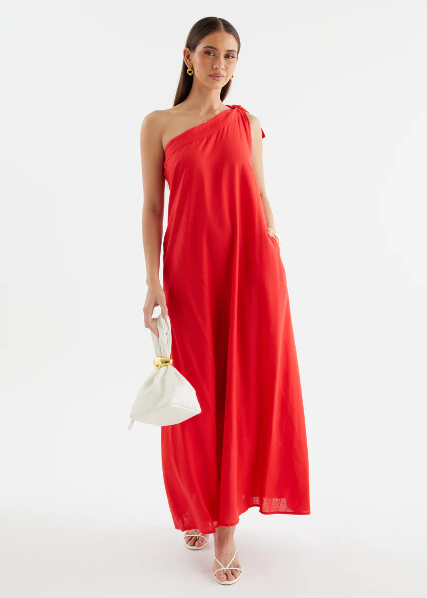 Debra One Shoulder Maxi Dress - Red - Image 5