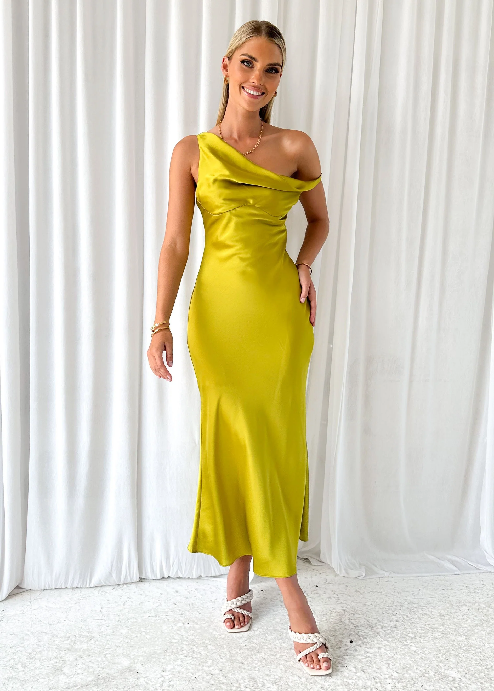 Draela One Shoulder Midi Dress - Lime - Image 3