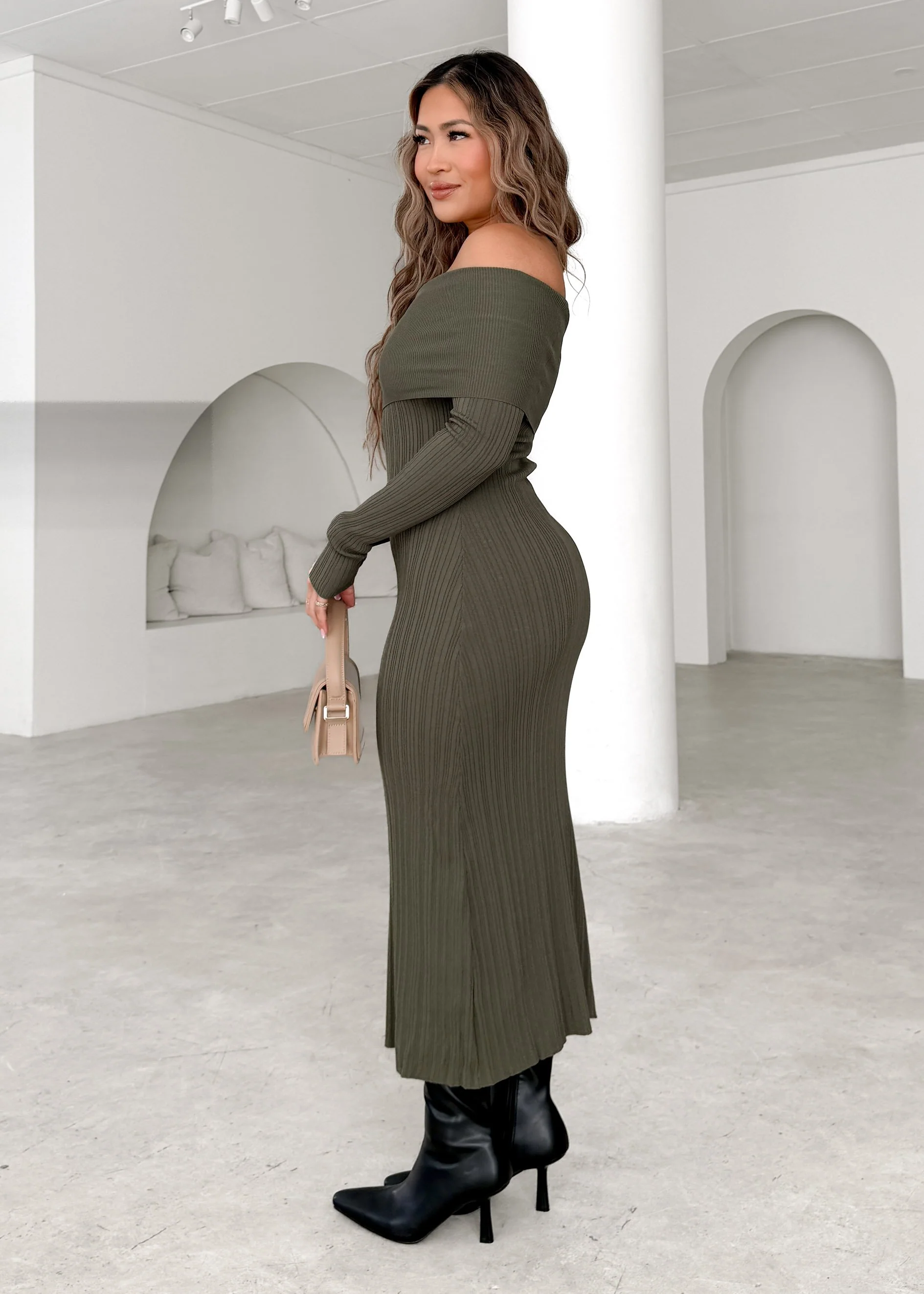 Eliora Off Shoulder Knit Maxi Dress - Khaki - Image 10