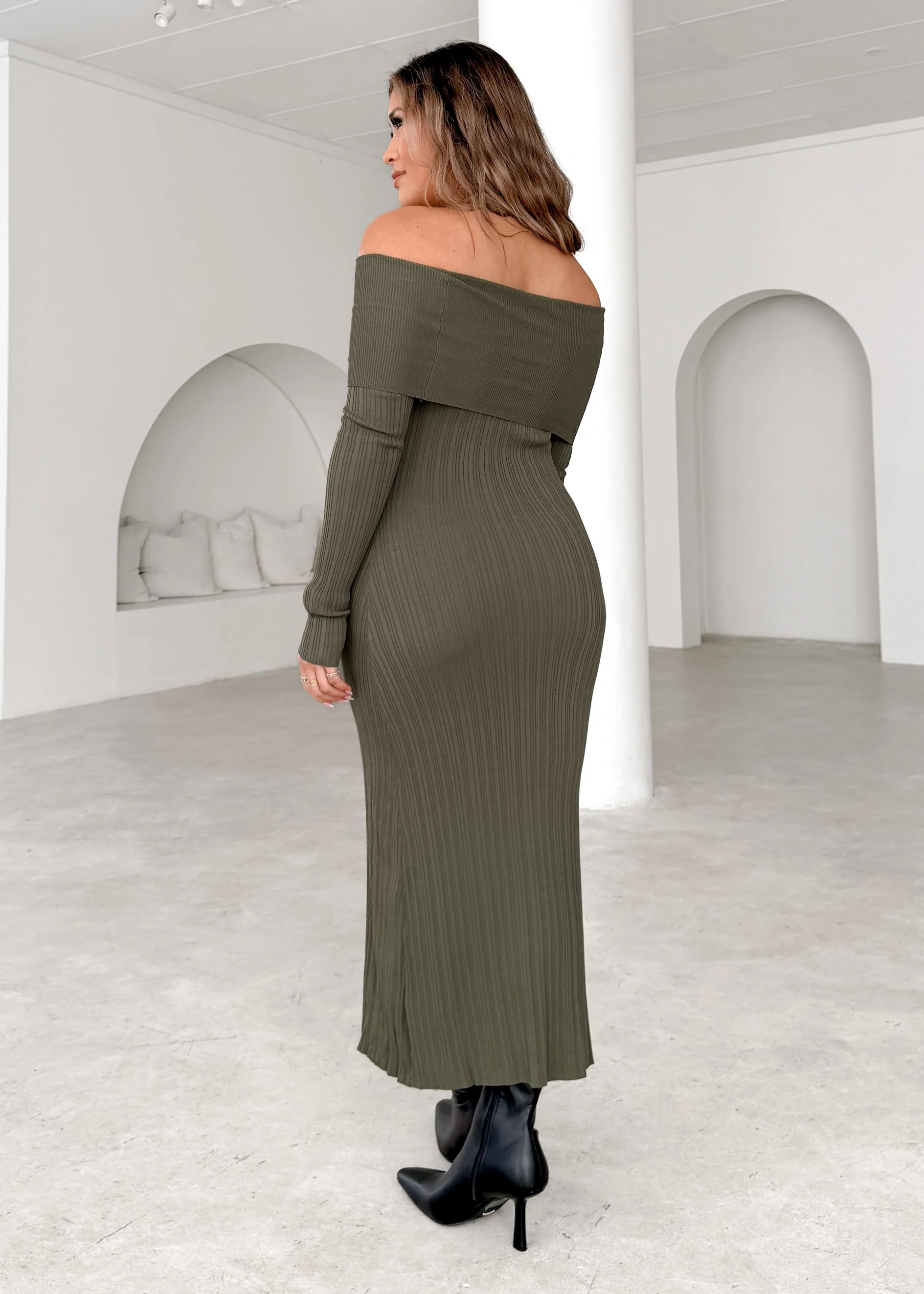 Eliora Off Shoulder Knit Maxi Dress - Khaki - Image 11