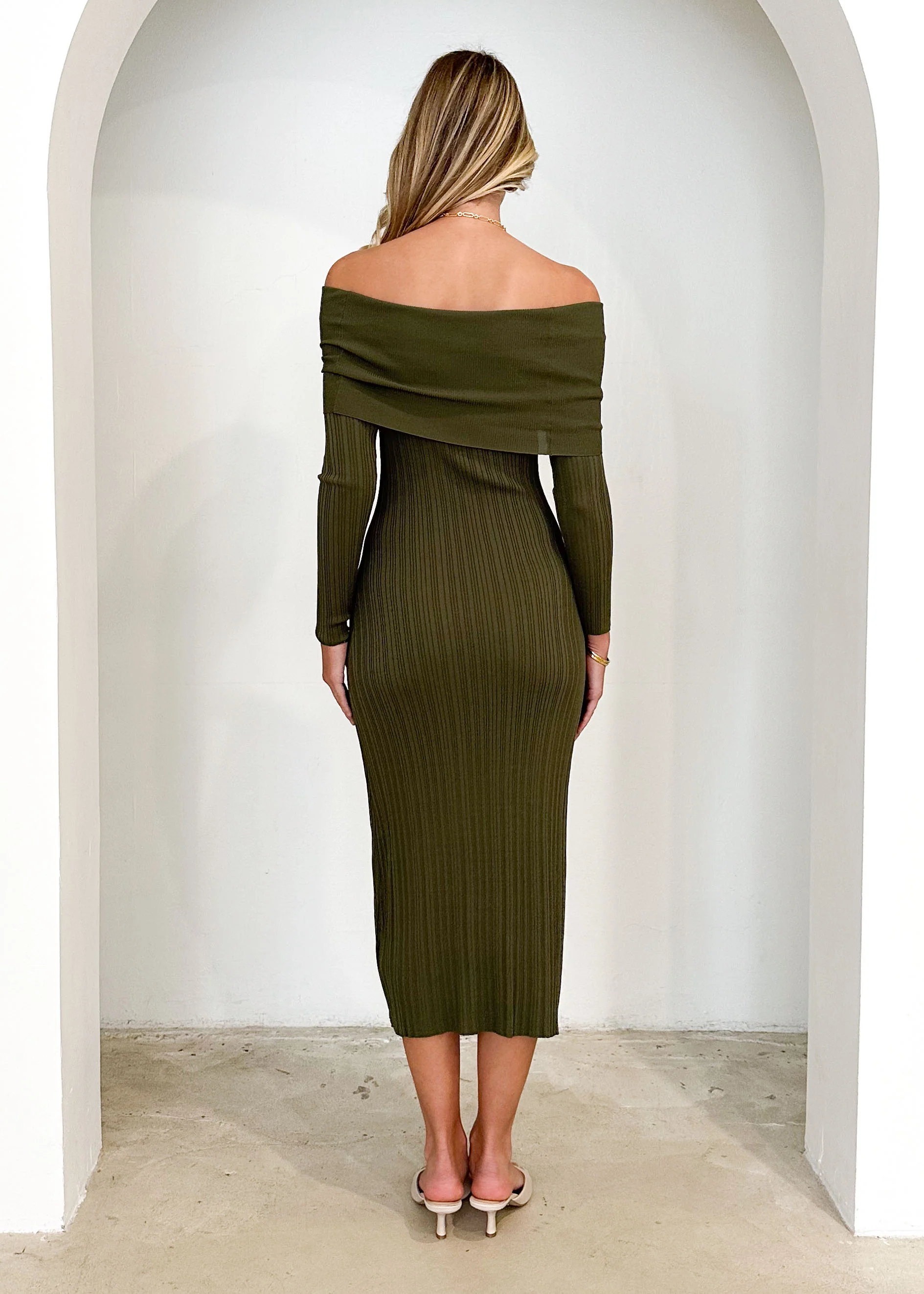 Eliora Off Shoulder Knit Maxi Dress - Khaki - Image 5