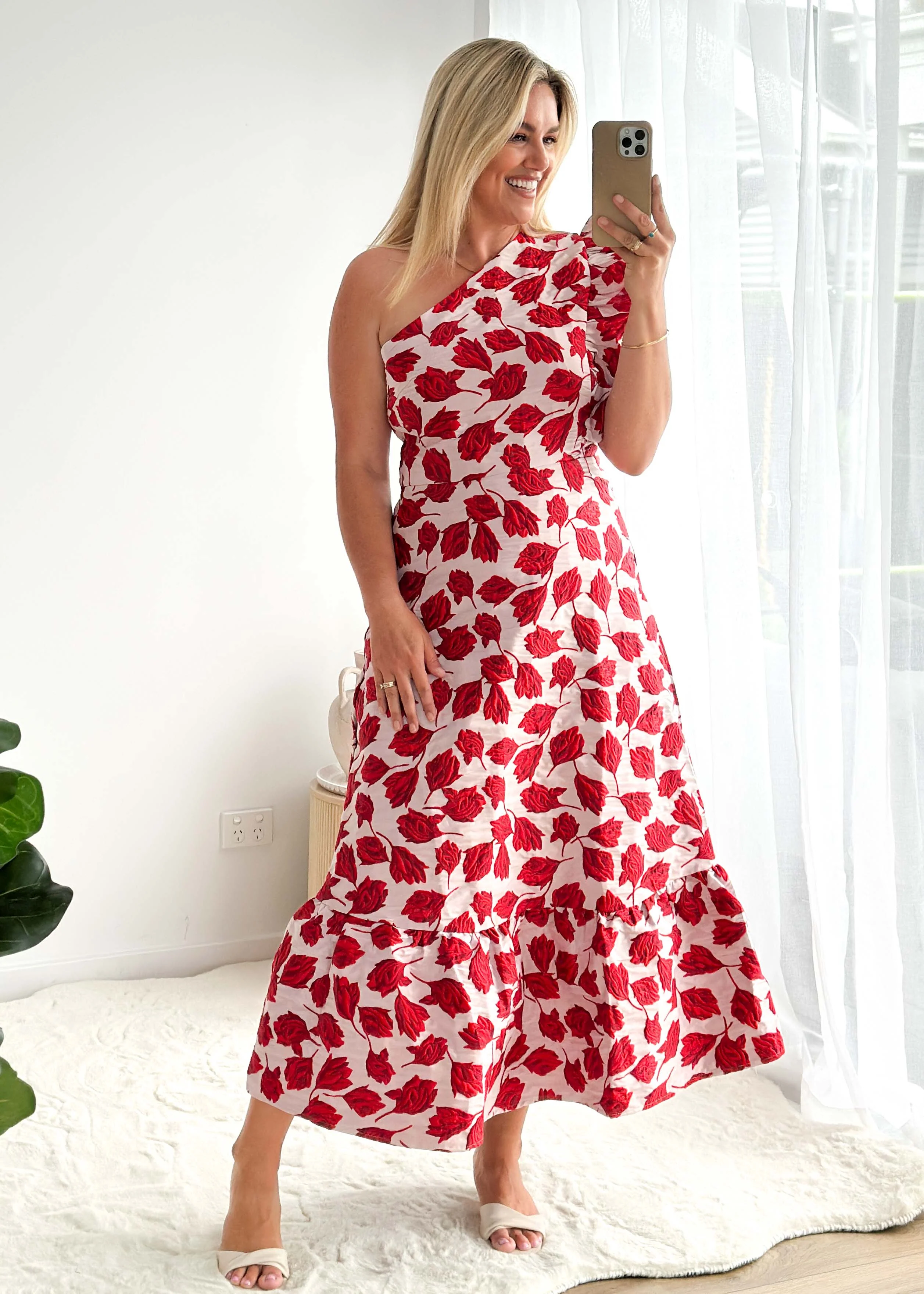 Florez One Shoulder Midi Dress - Red Rose - Image 9