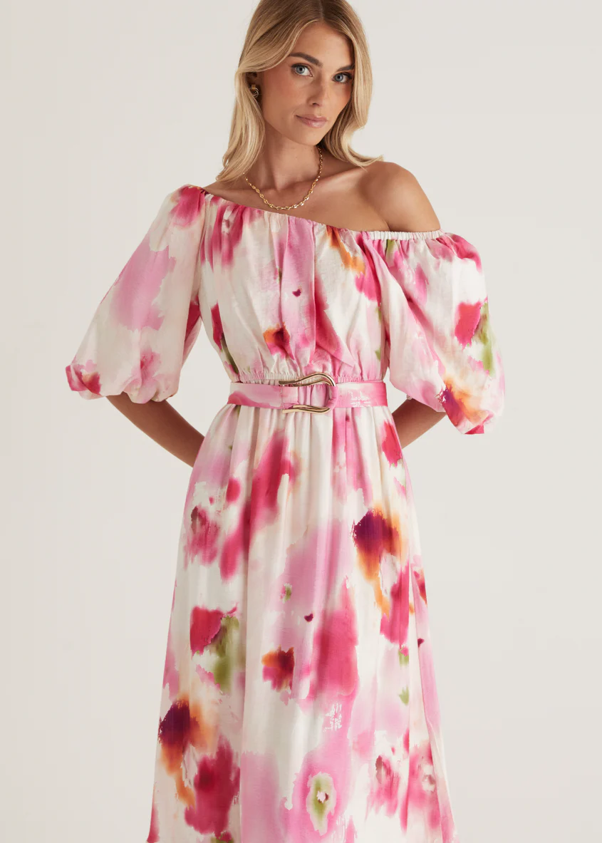 Halia Off Shoulder Midi Dress - Pink Watercolour - Image 2