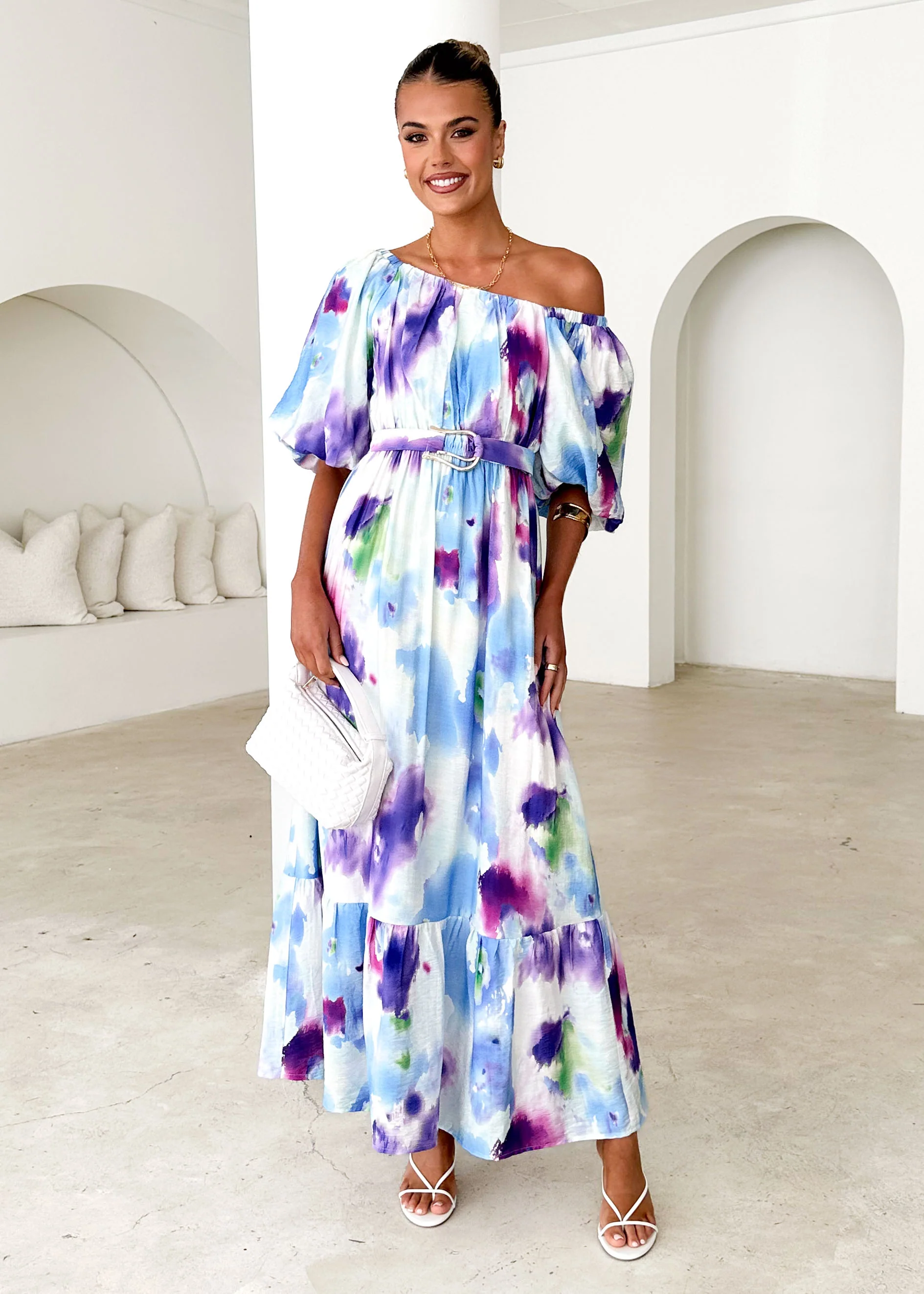 Halia Off Shoulder Midi Dress - Violet Watercolour - Image 2