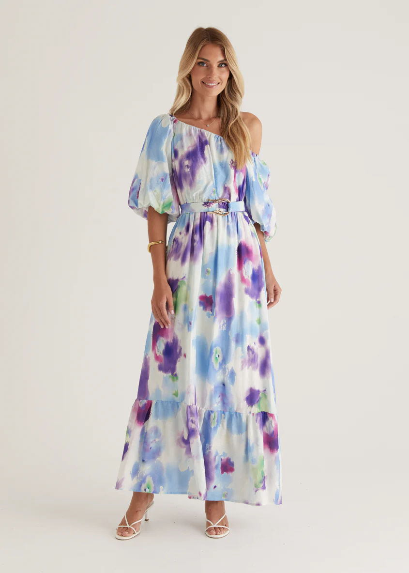 Halia Off Shoulder Midi Dress - Violet Watercolour - Image 7