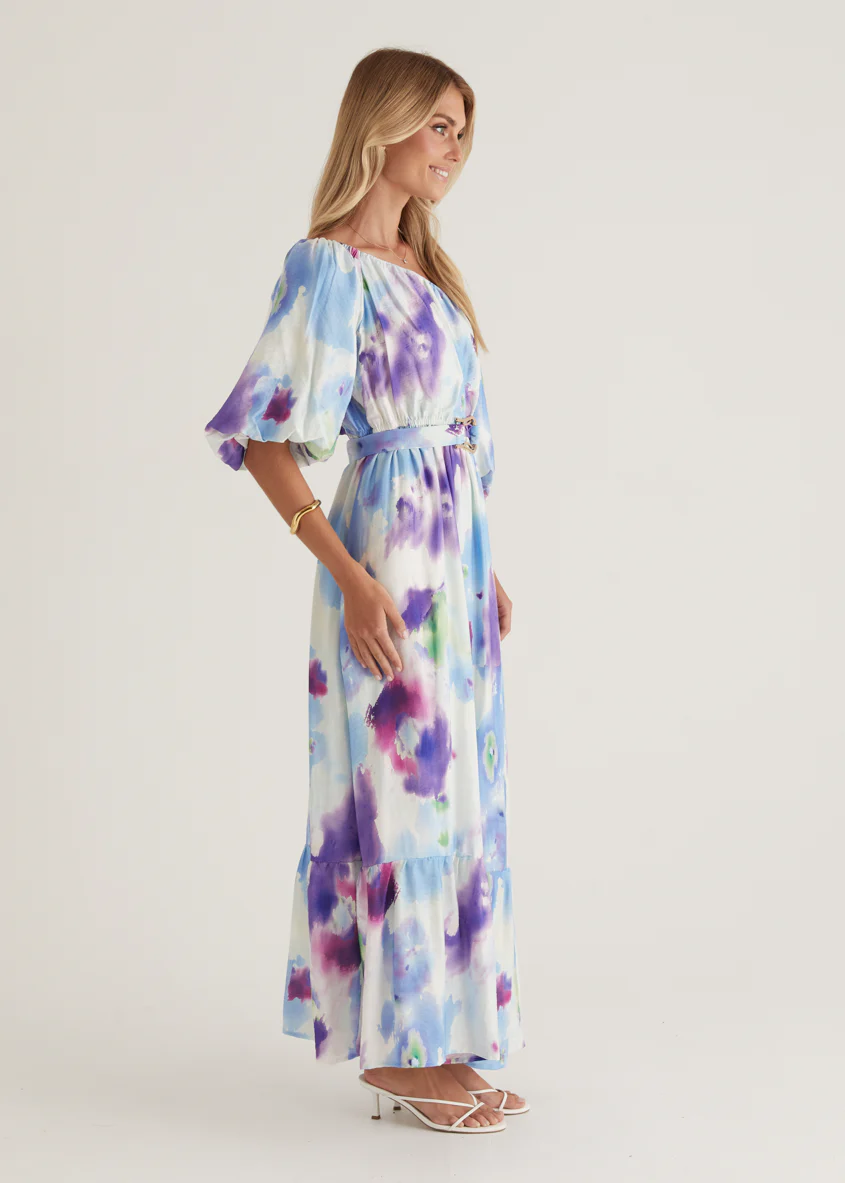 Halia Off Shoulder Midi Dress - Violet Watercolour - Image 9