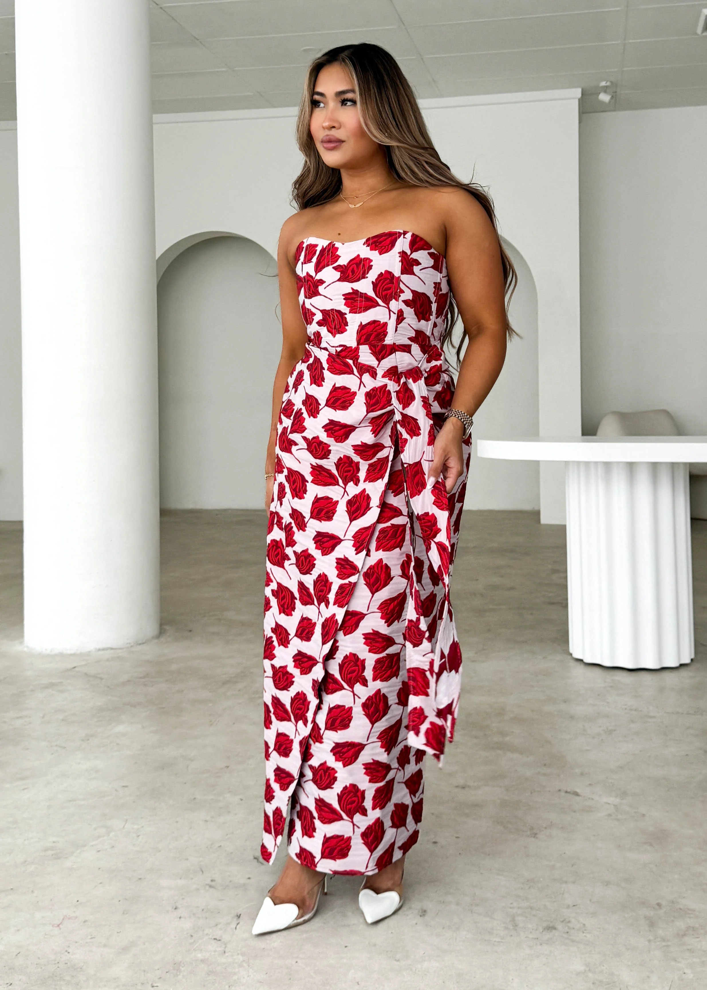 Indra Strapless Midi Dress - Red Rose - Image 8