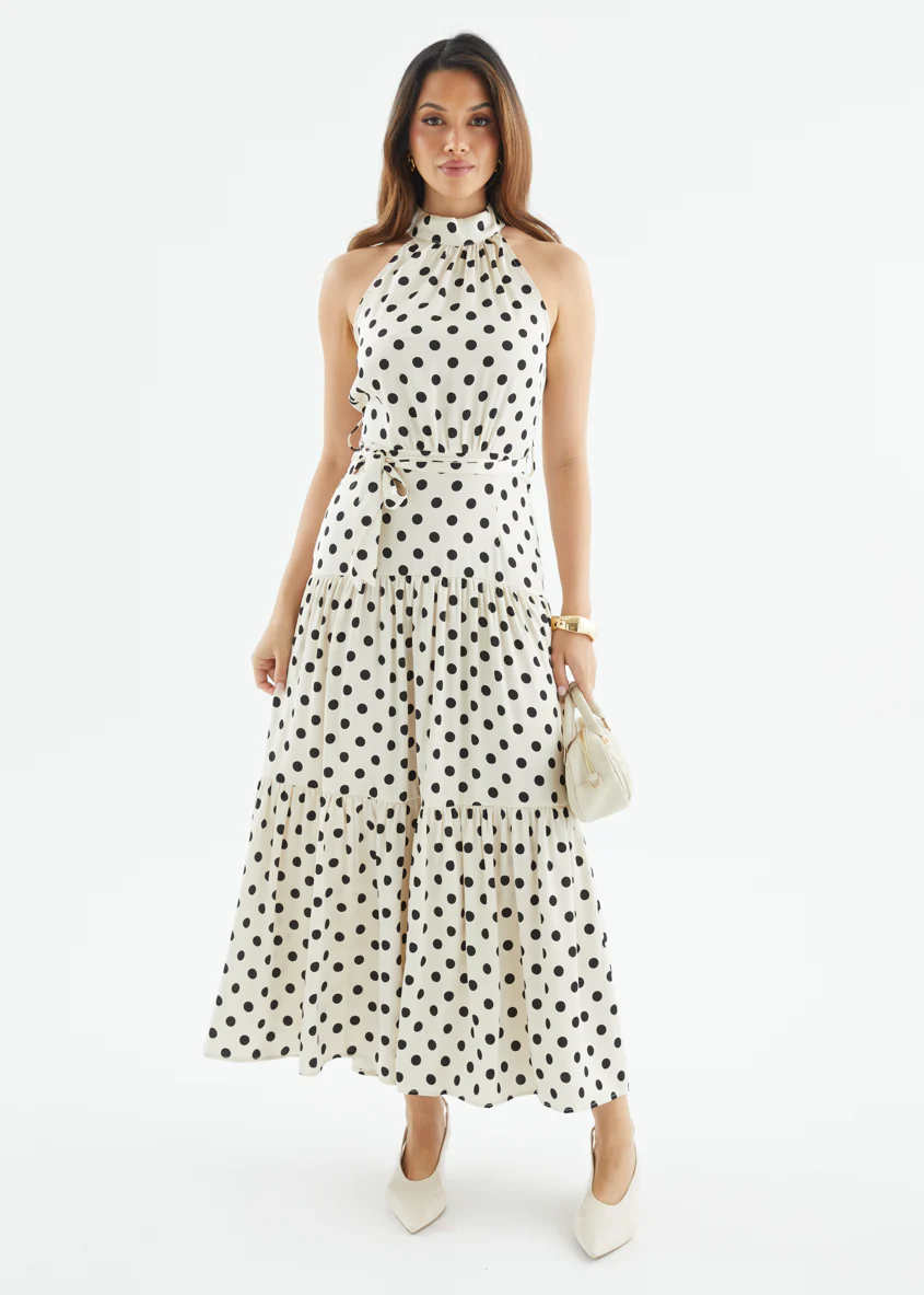 Katrina Halter Maxi Dress - Cream Polka - Image 11