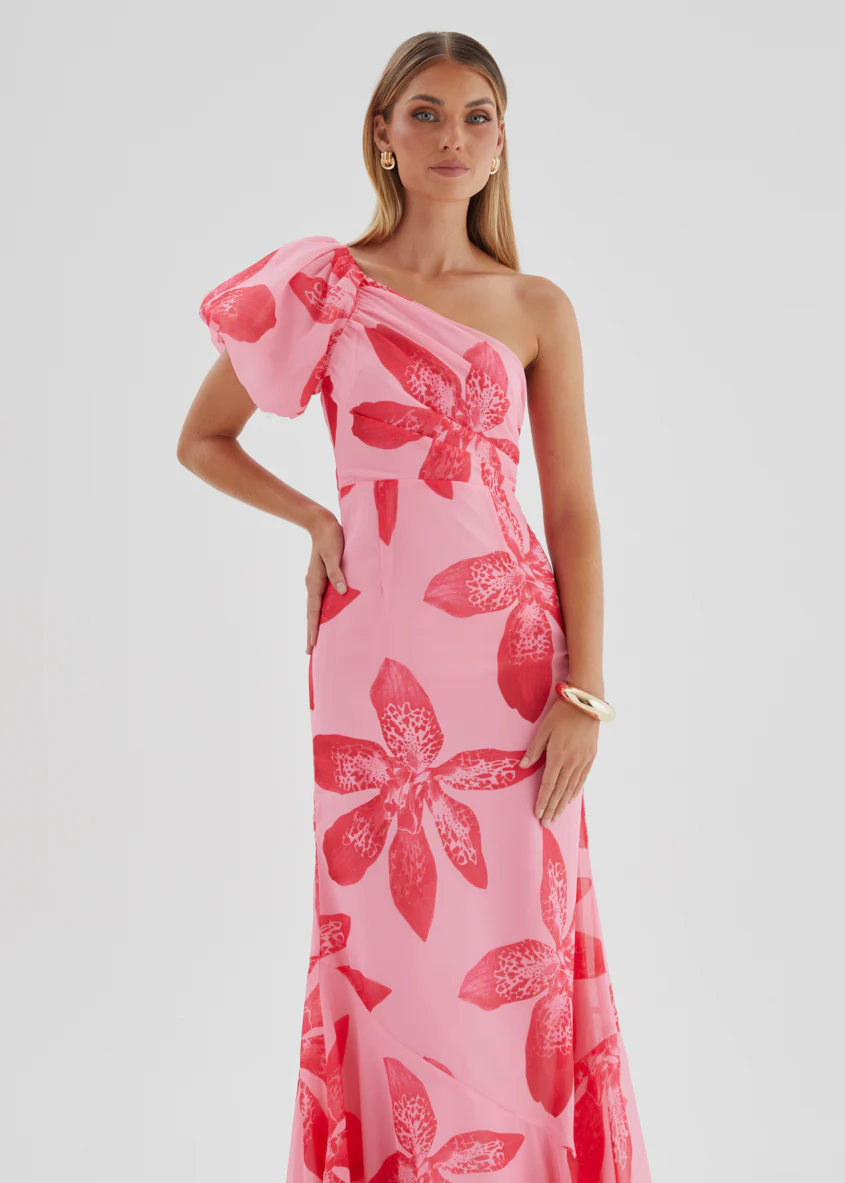 Kiah One Shoulder Maxi Dress - Pink Flowers - Image 3