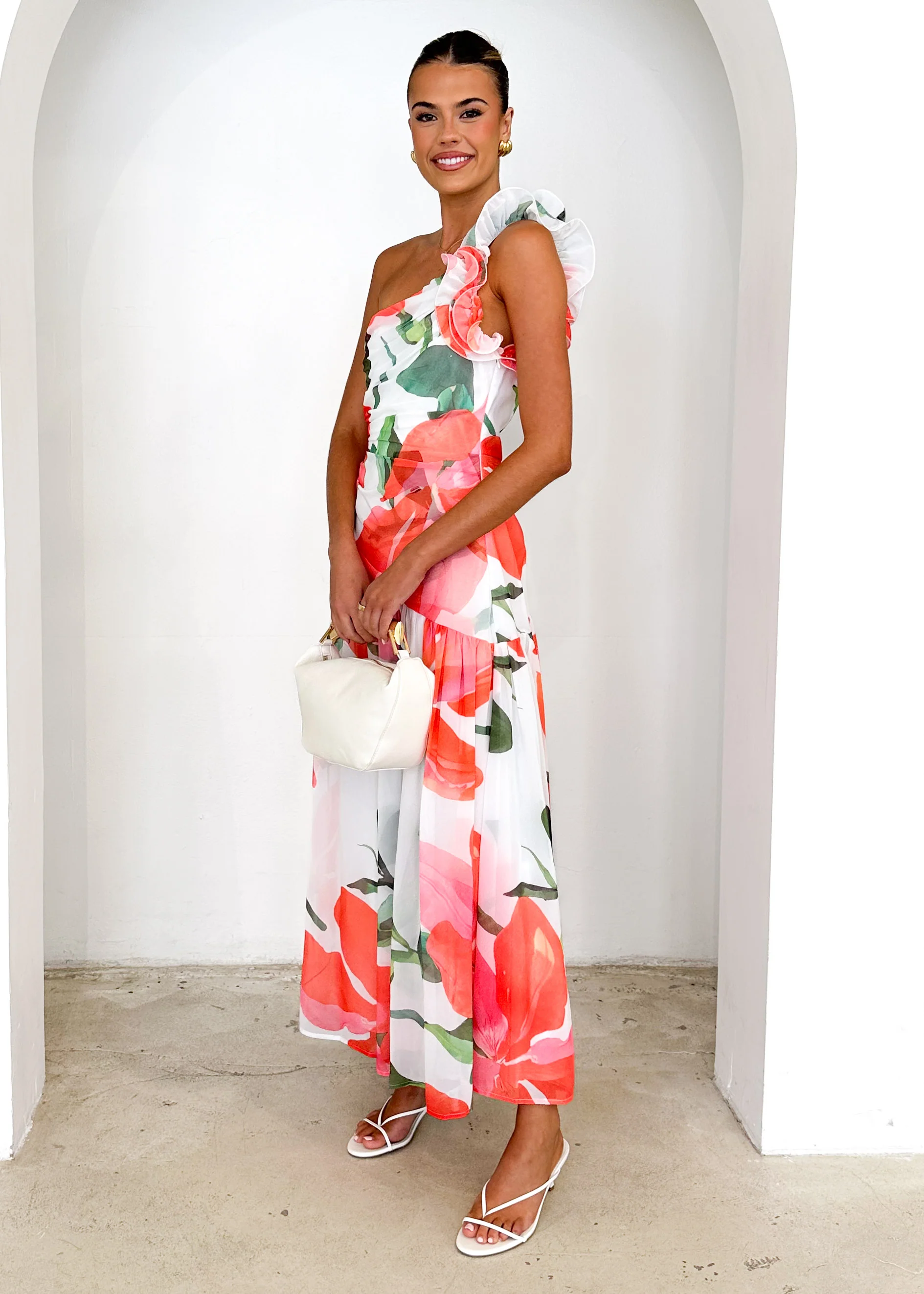 Lentara One Shoulder Maxi Dress - Red Flowers - Image 6