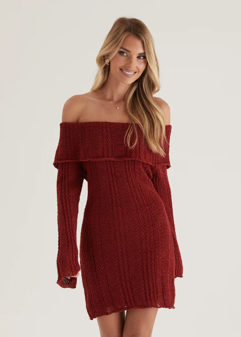 Luna Off Shoulder Knit Dress - Maroon - Image 3