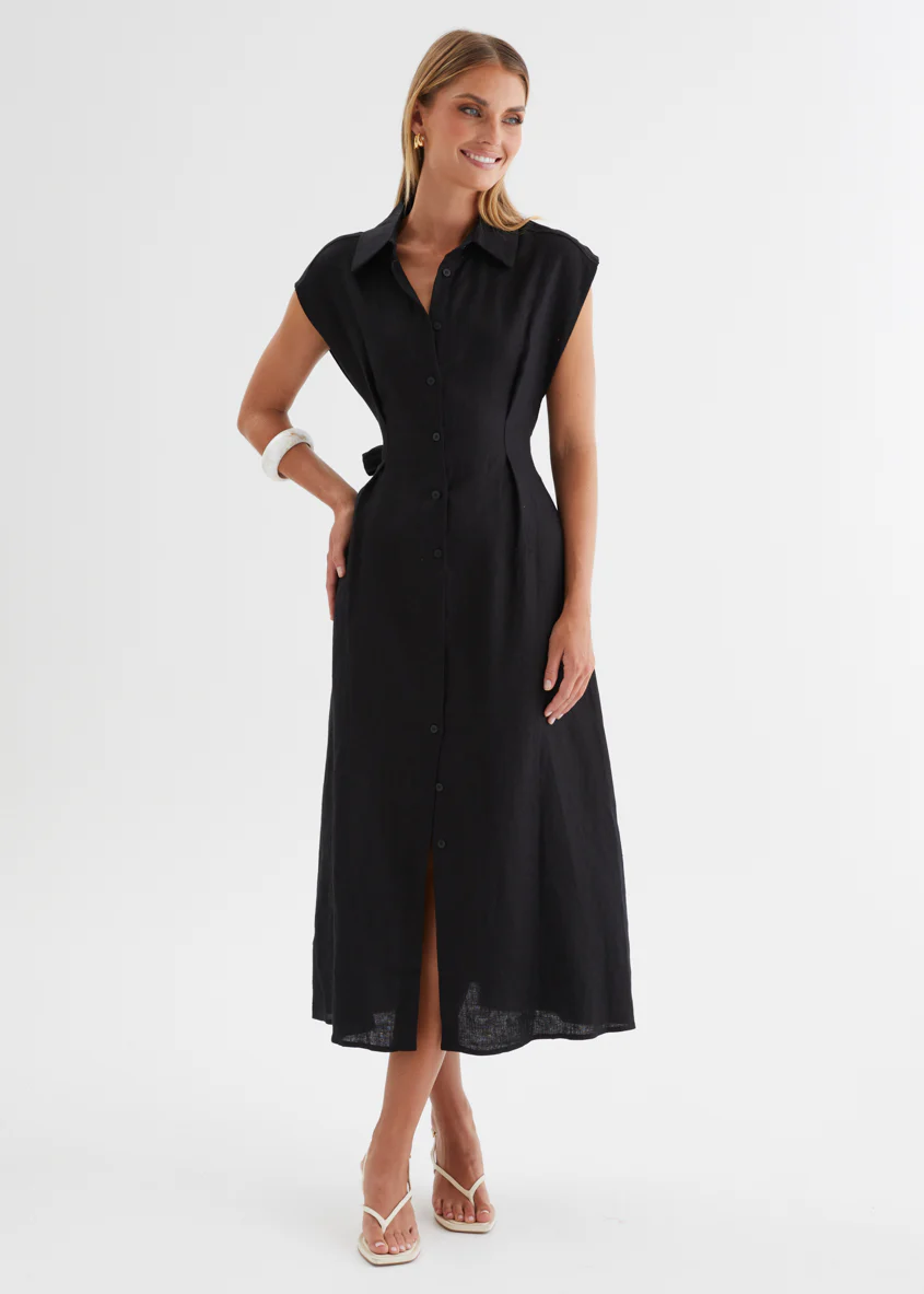 Makari Linen Midi Dress - Black - Image 5