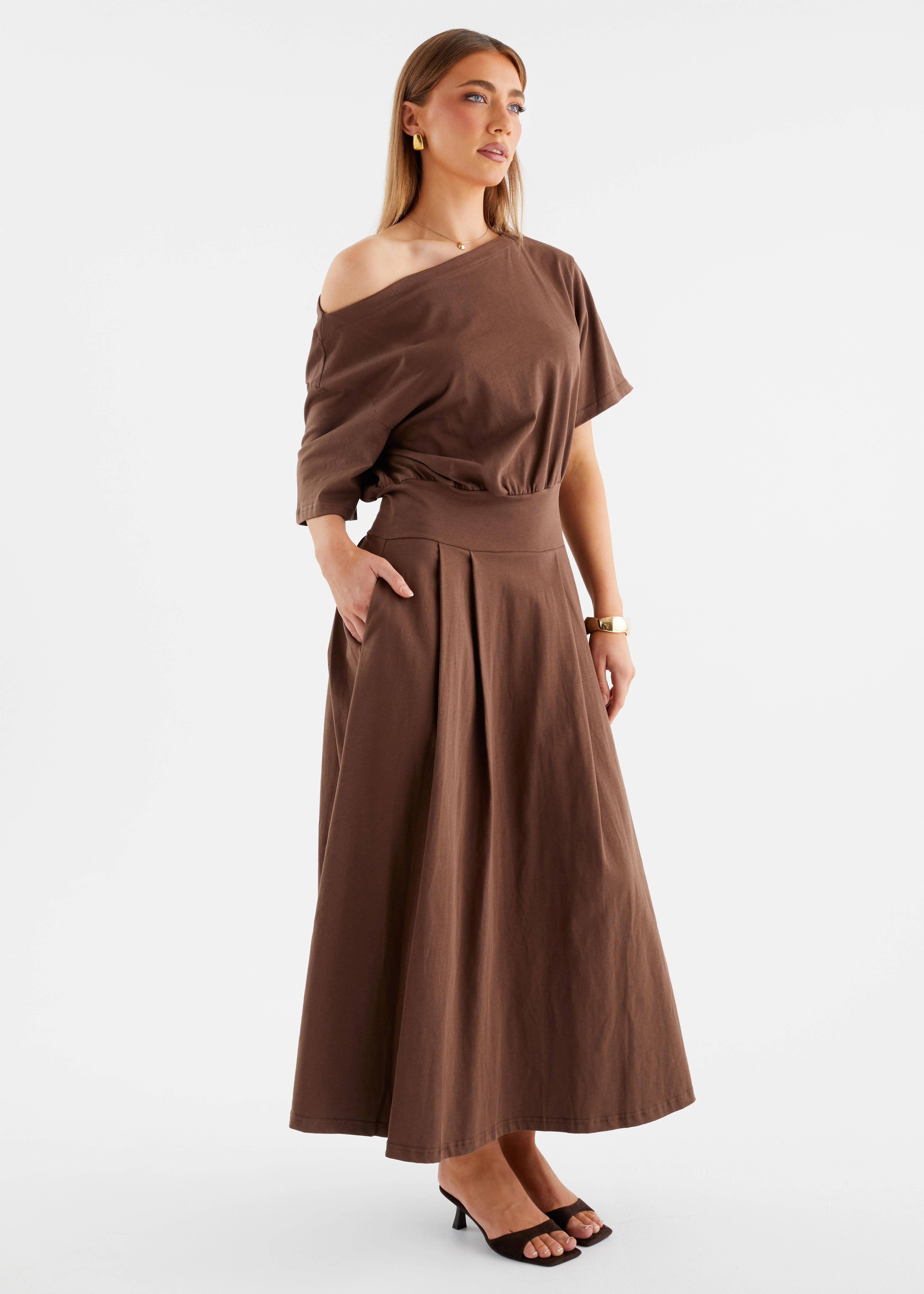 Marcy Drop Shoulder Maxi Dress - Chocolate - Image 4