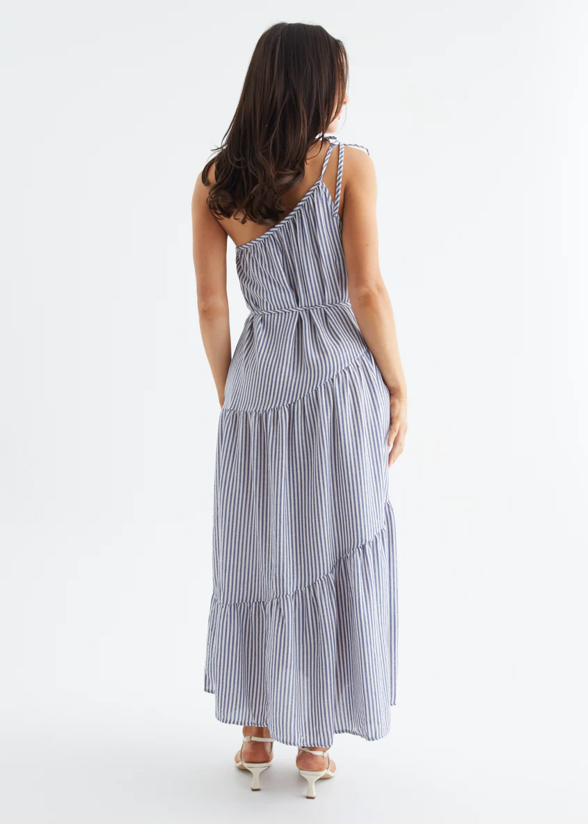 Mary One Shoulder Maxi Dress - Blue Stripe - Image 7