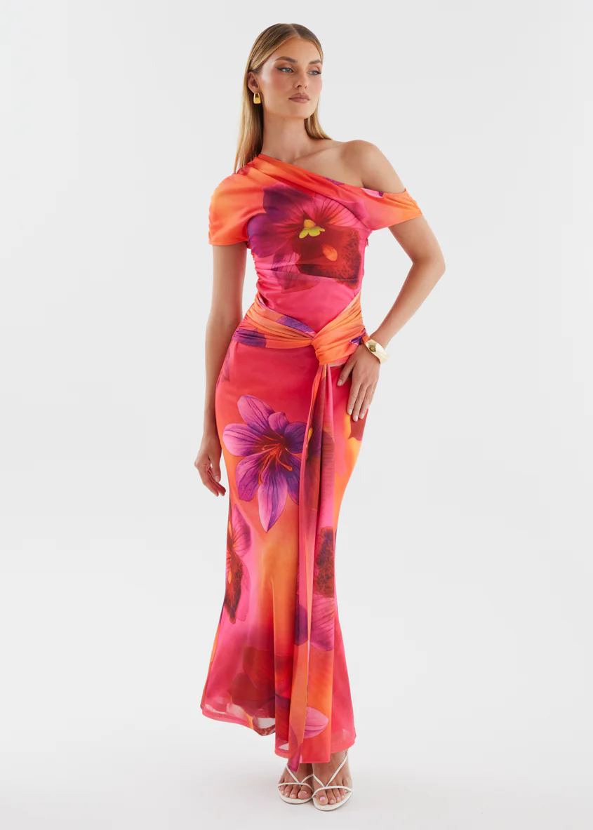 Monica Mesh Drop Shoulder Maxi Dress - Pink Floral - Image 3