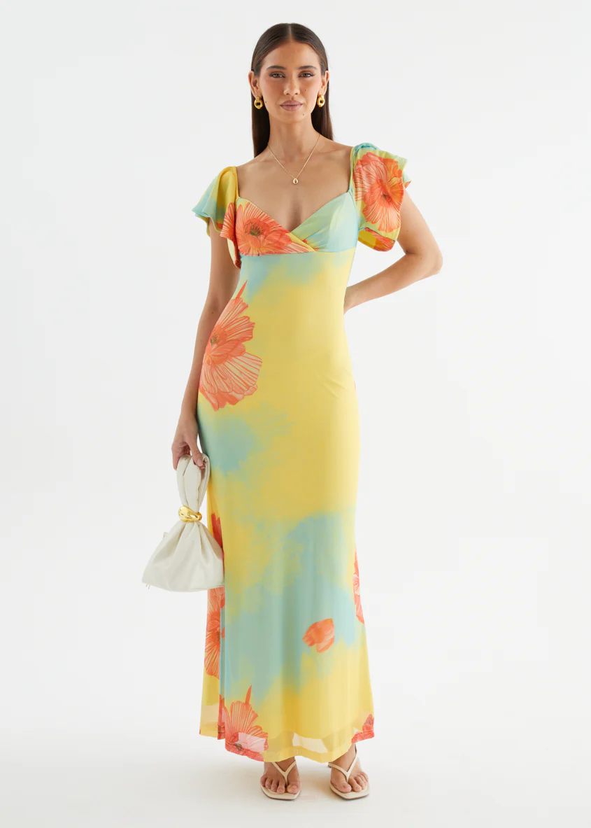 Neiko Mesh Maxi Dress - Coral Flowers