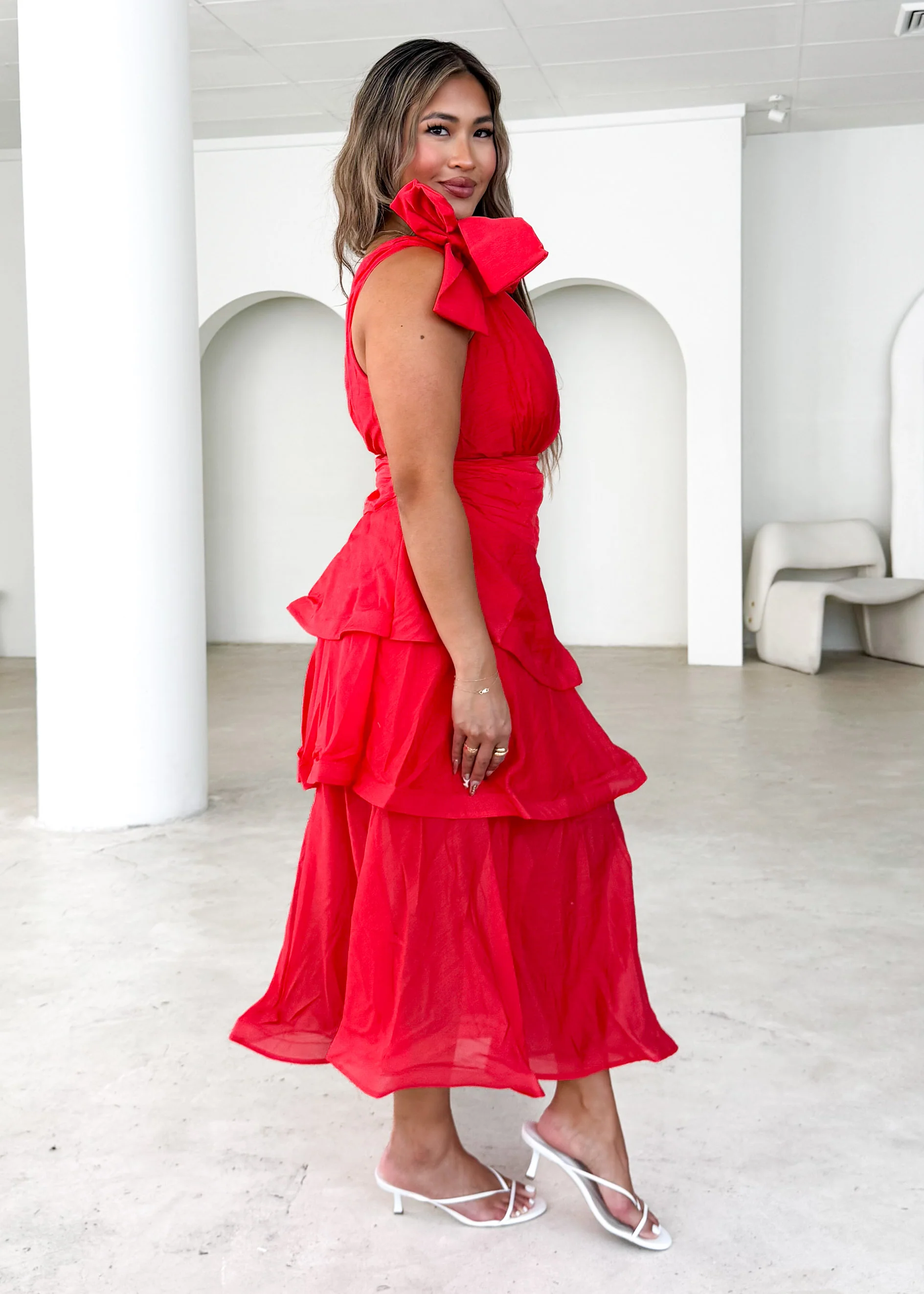 Pinnie One Shoulder Midi Dress - Red - Image 2