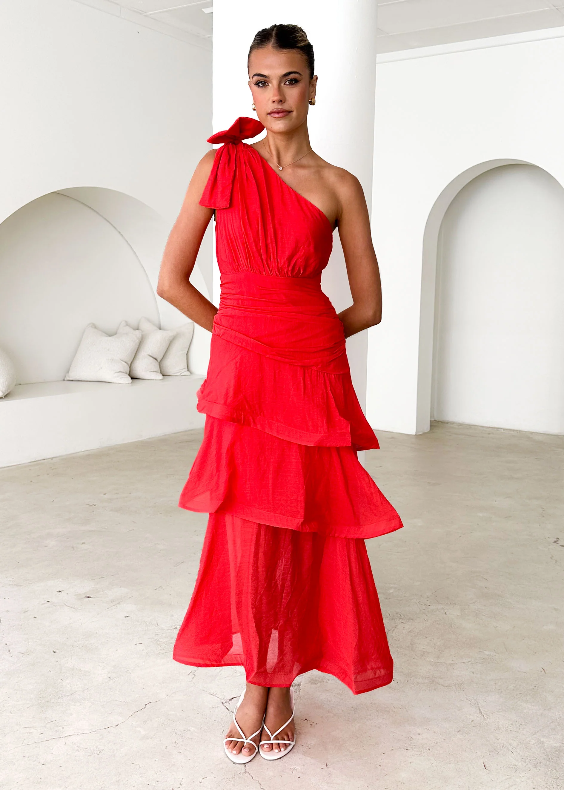 Pinnie One Shoulder Midi Dress - Red - Image 3