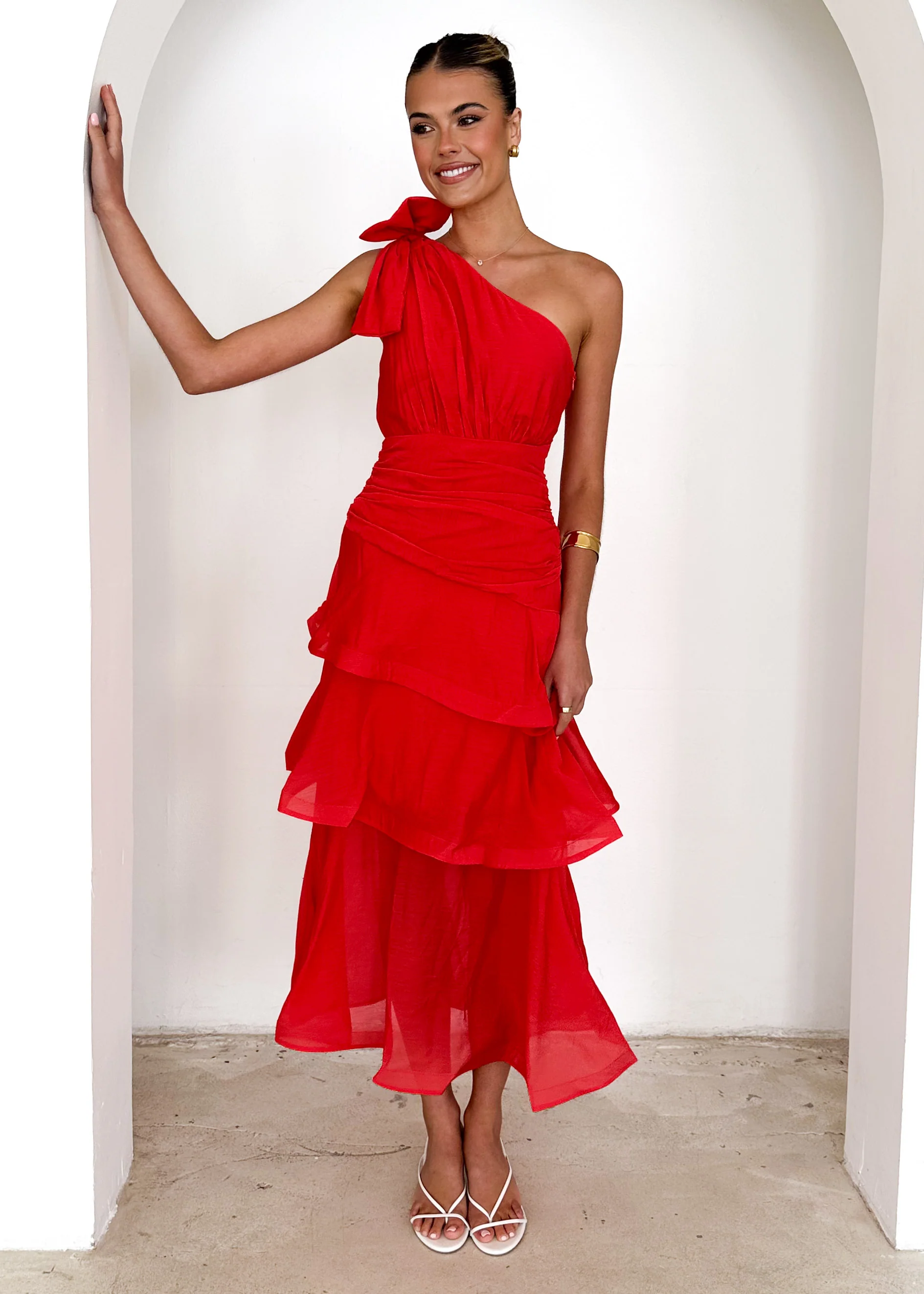 Pinnie One Shoulder Midi Dress - Red - Image 4