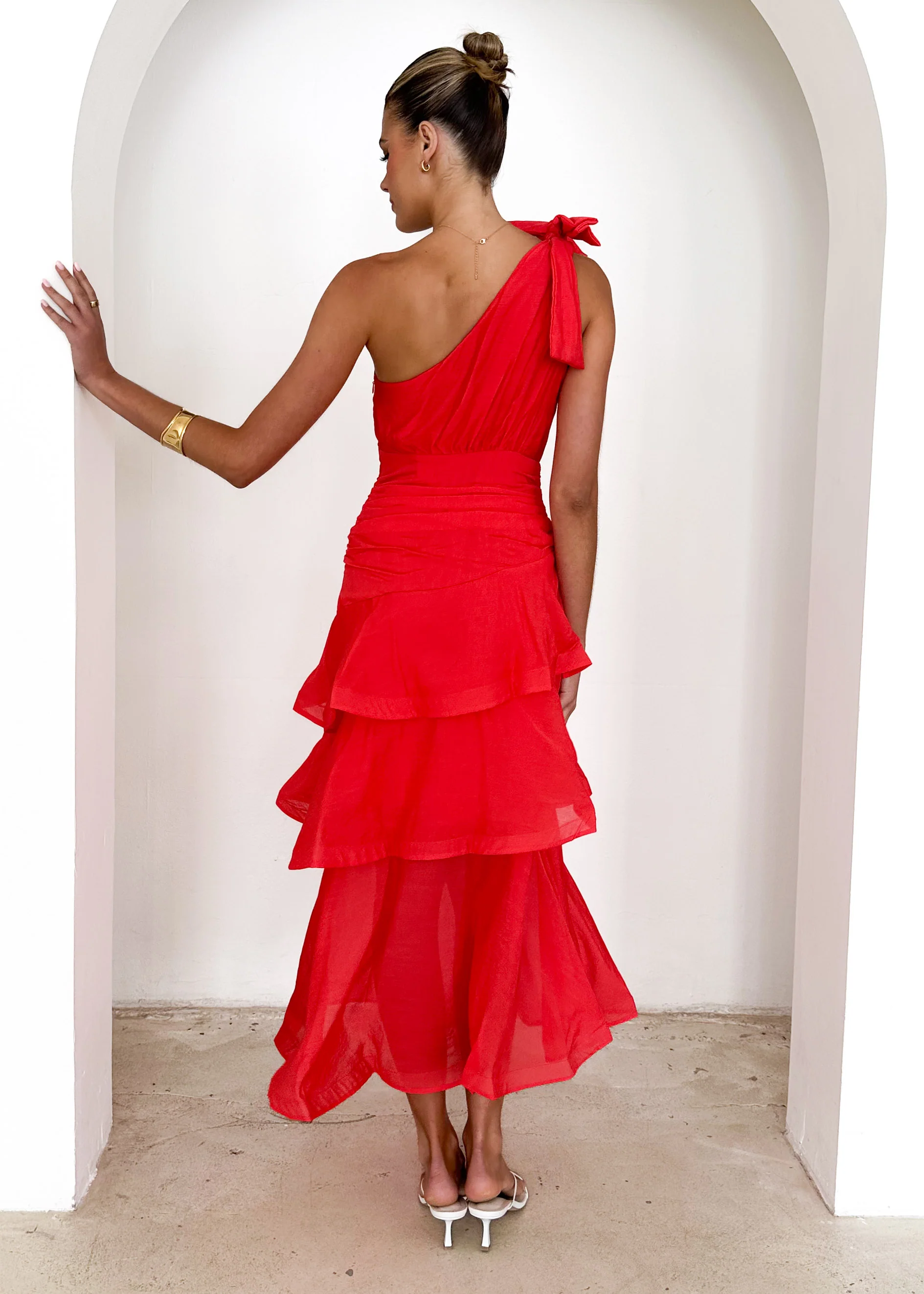 Pinnie One Shoulder Midi Dress - Red - Image 7