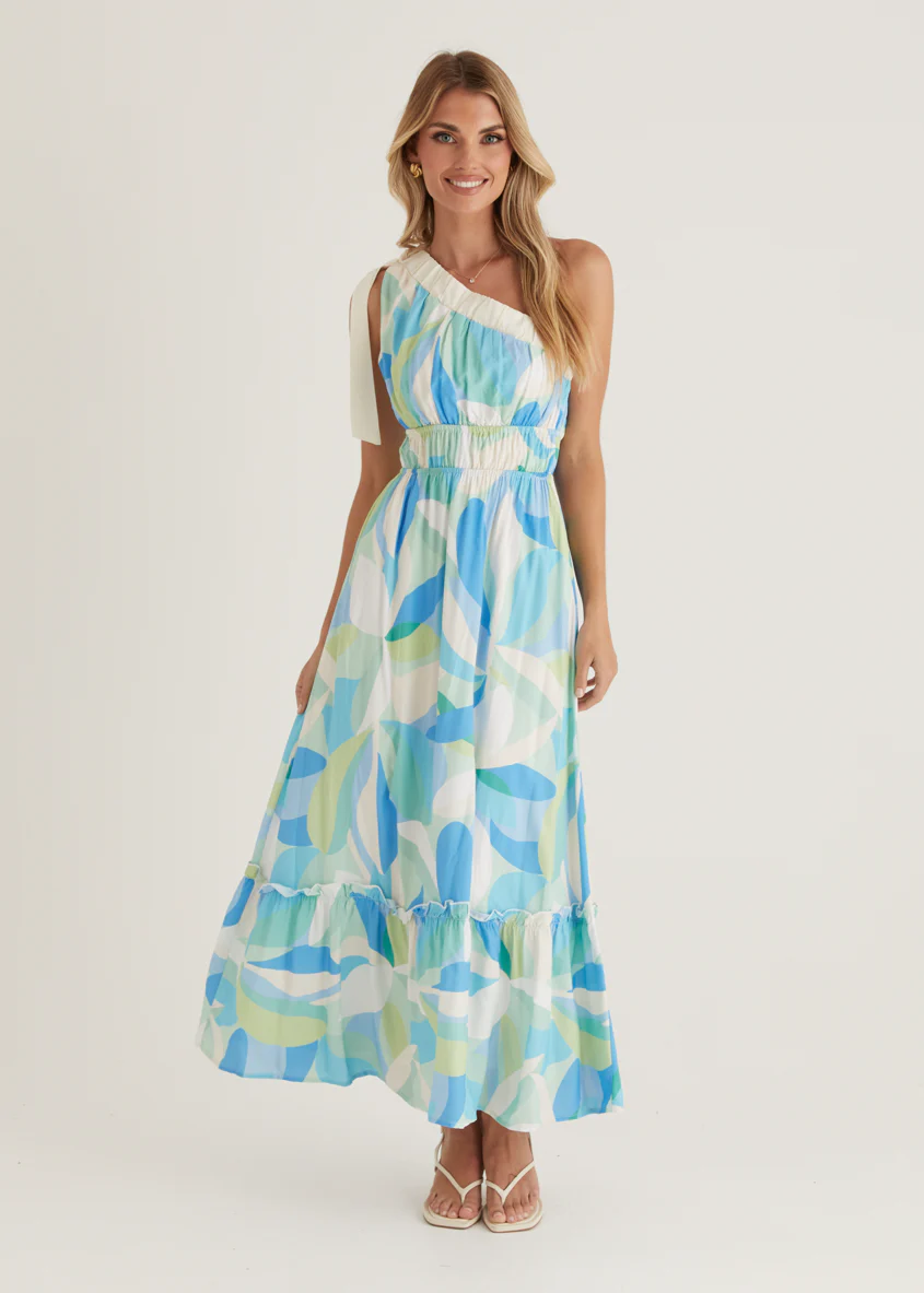 Rainfall One Shoulder Maxi Dress - Blue Abstract - Image 4