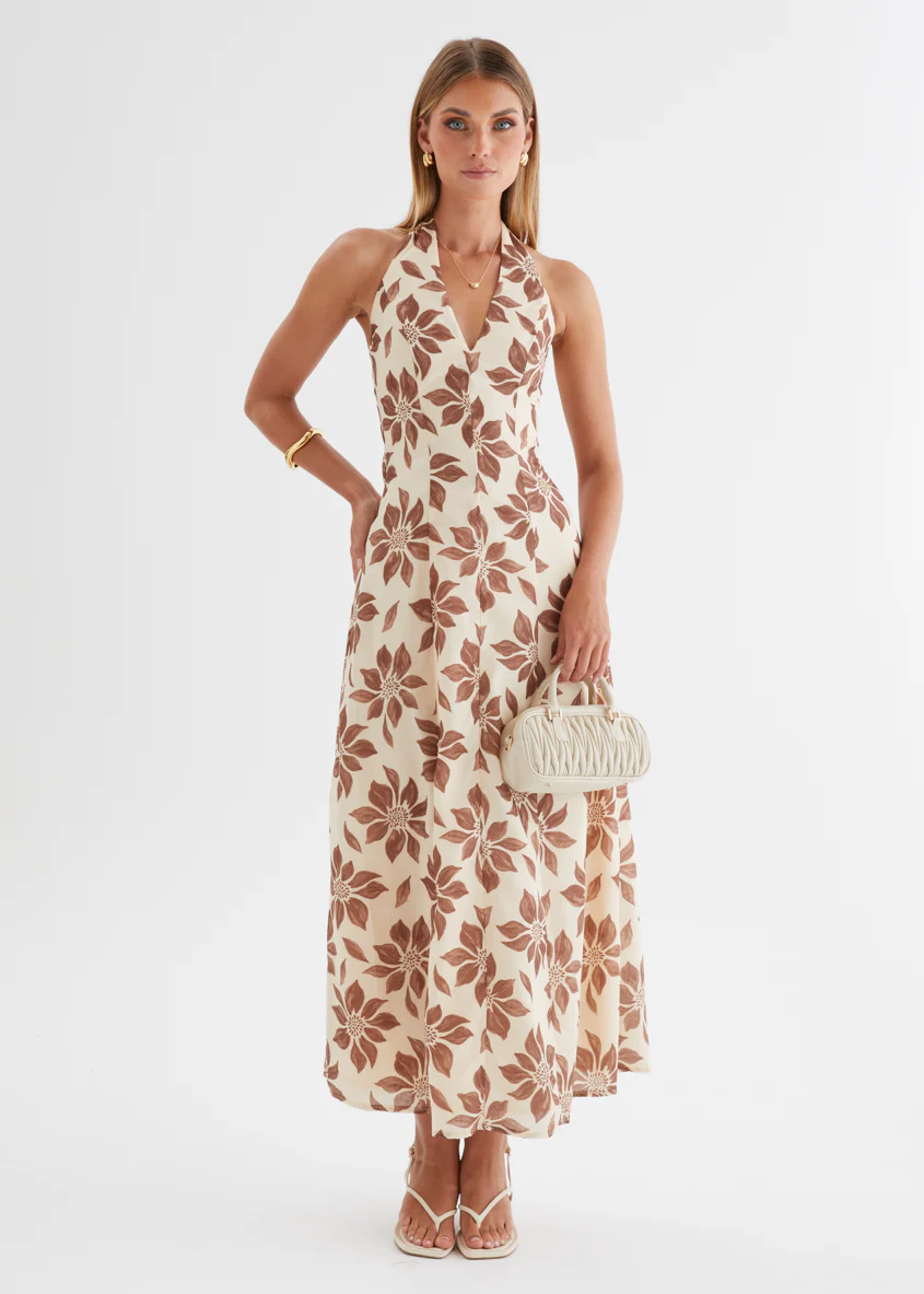 Ricci Halter Maxi Dress - Tan Flowers