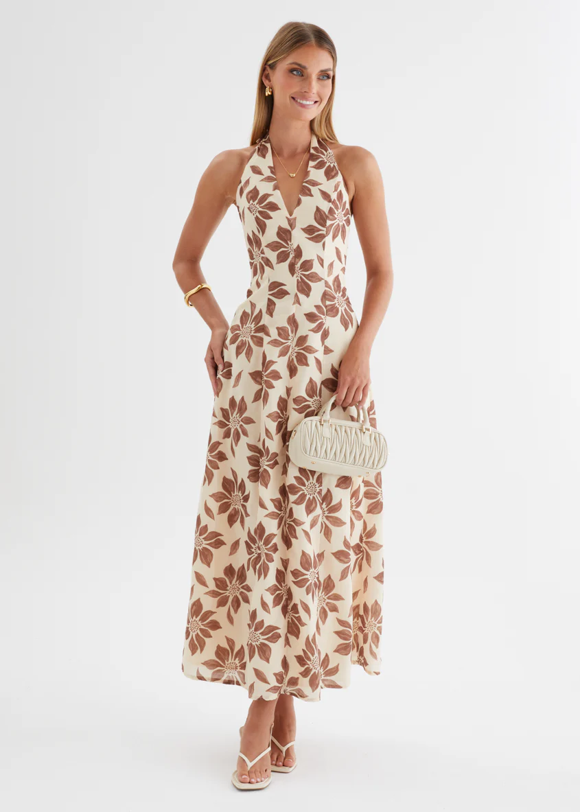 Ricci Halter Maxi Dress - Tan Flowers - Image 3