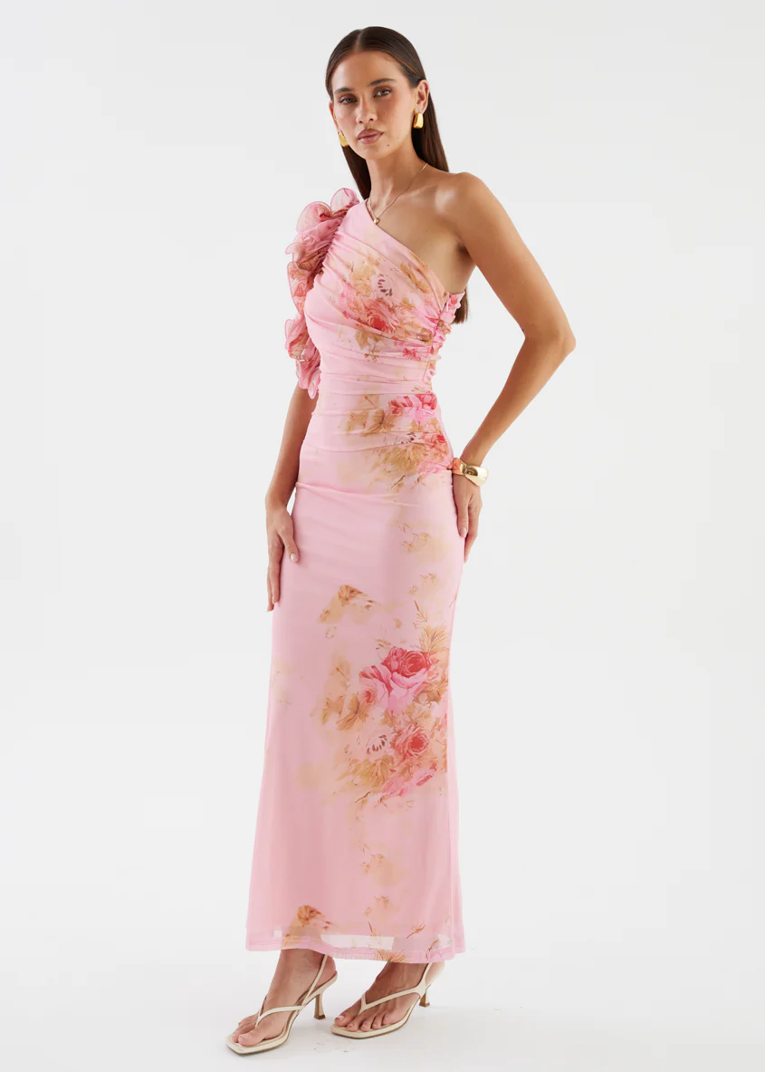 Sia One Shoulder Mesh Maxi Dress - Pink Bouquet - Image 6