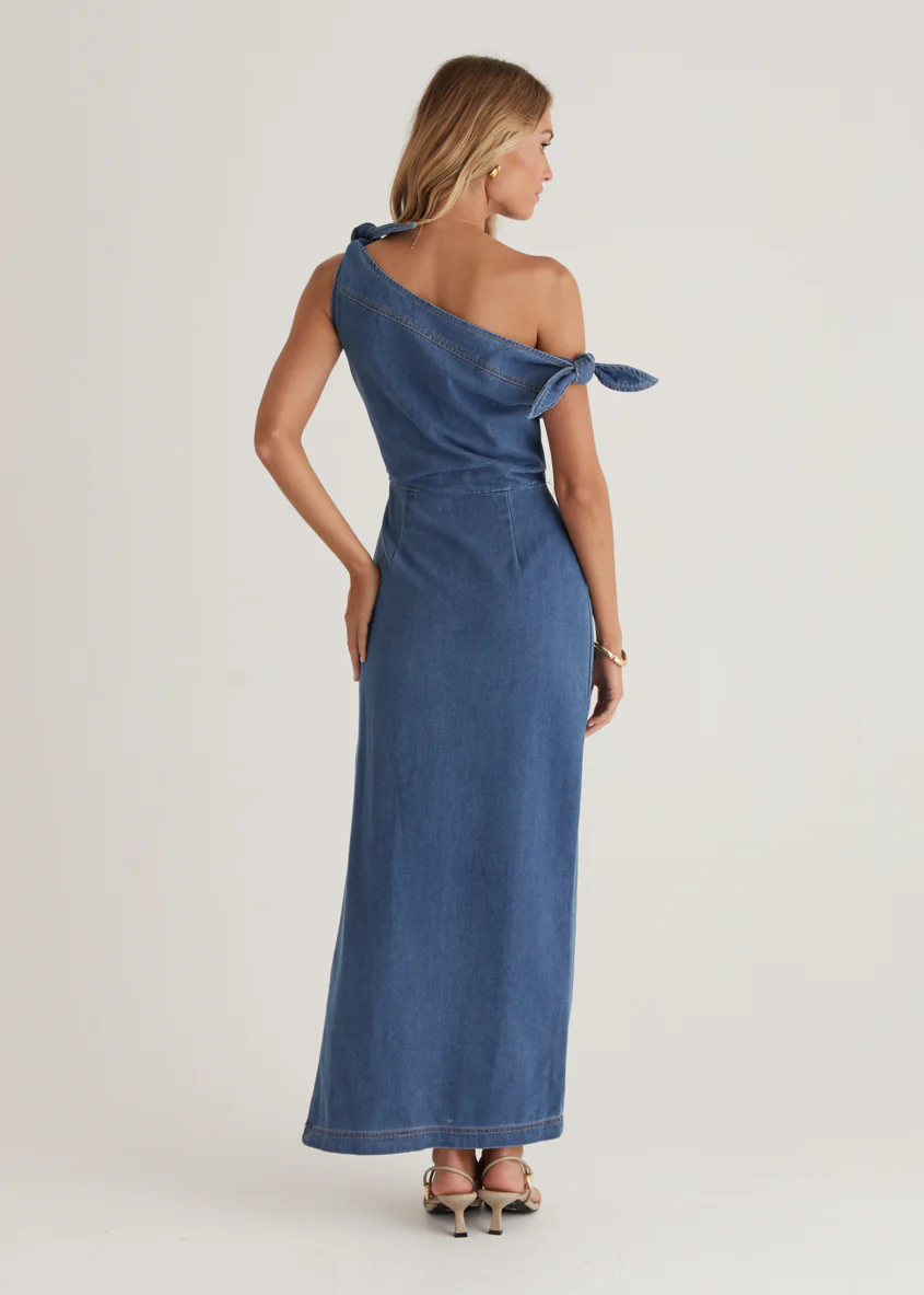 Sicilian One Shoulder Midi Dress - Mid Blue - Image 10