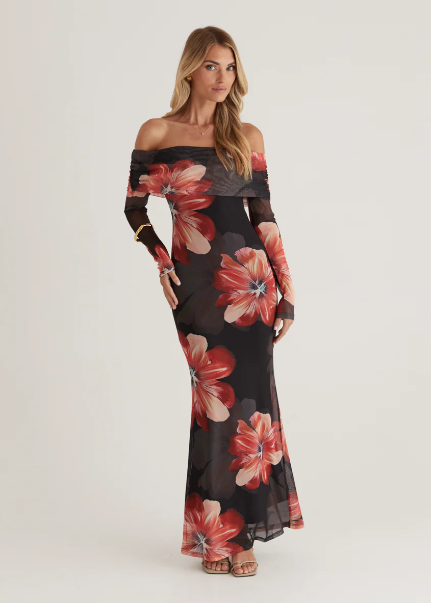 Sienna Mesh Off Shoulder Maxi Dress - Red Floral - Image 5