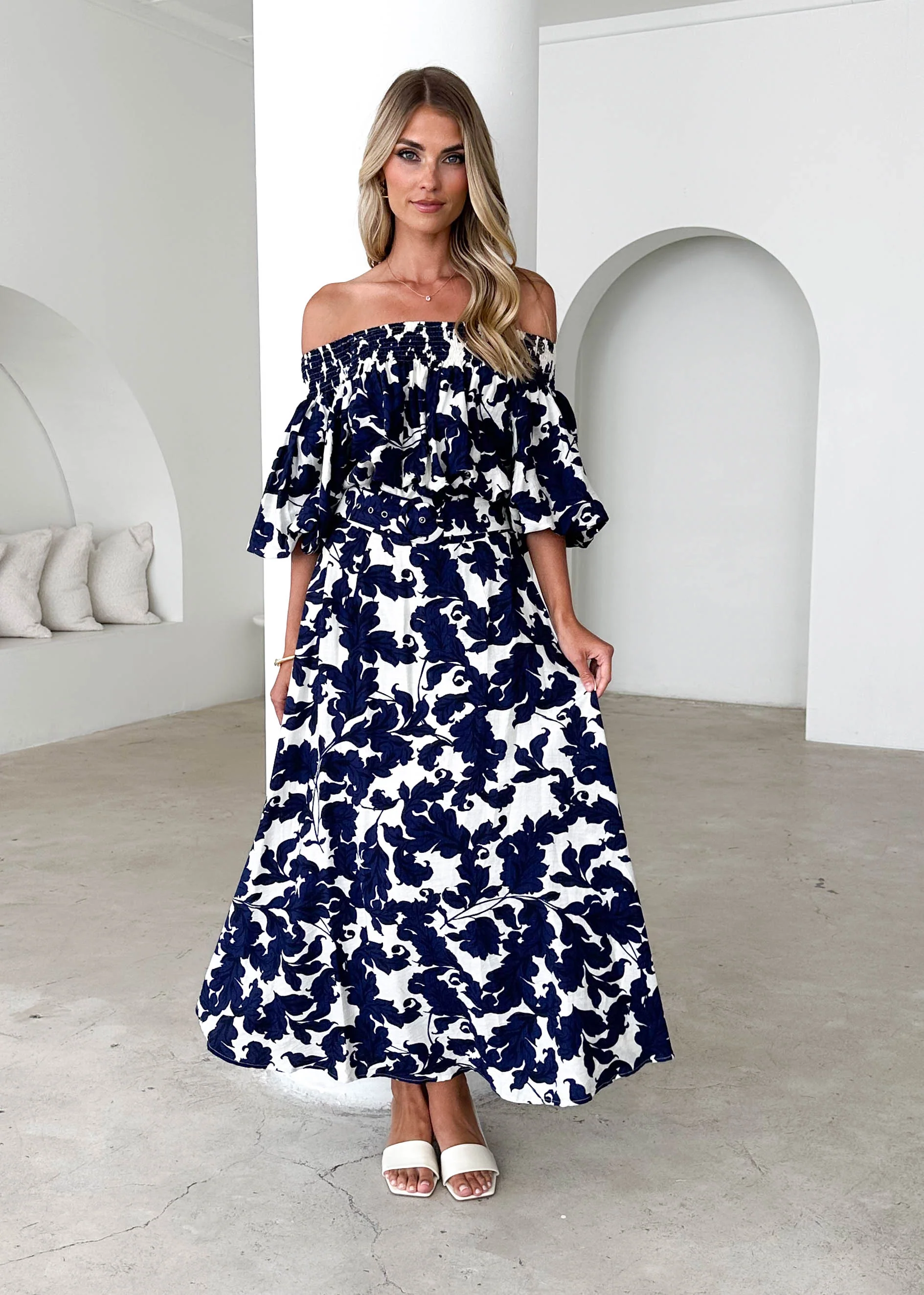 Talu Off Shoulder Midi Dress - Navy Paisley - Image 12