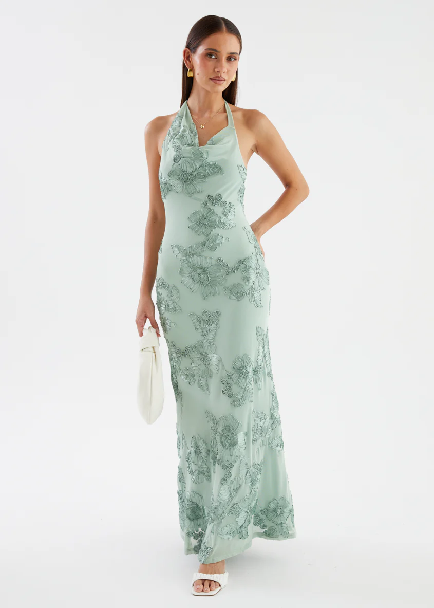 Tess Halter Mesh Maxi Dress - Sage Embroidered - Image 3