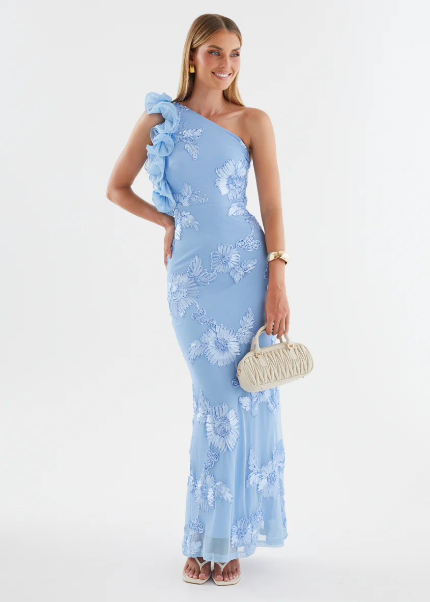Trilby One Shoulder Mesh Maxi Dress - Blue Floral