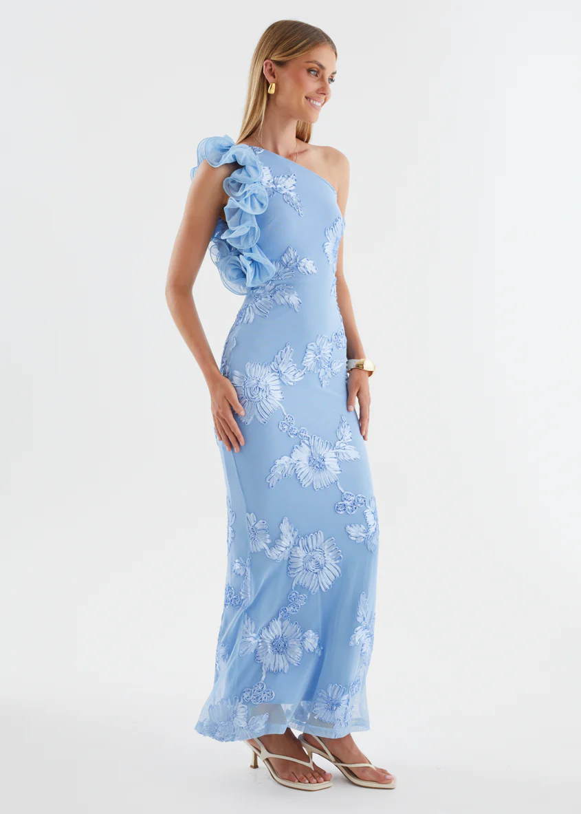 Trilby One Shoulder Mesh Maxi Dress - Blue Floral - Image 6