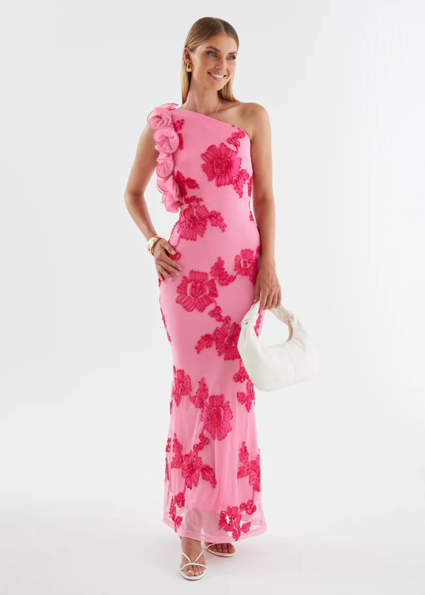 Trilby One Shoulder Mesh Maxi Dress - Pink Floral - Image 2