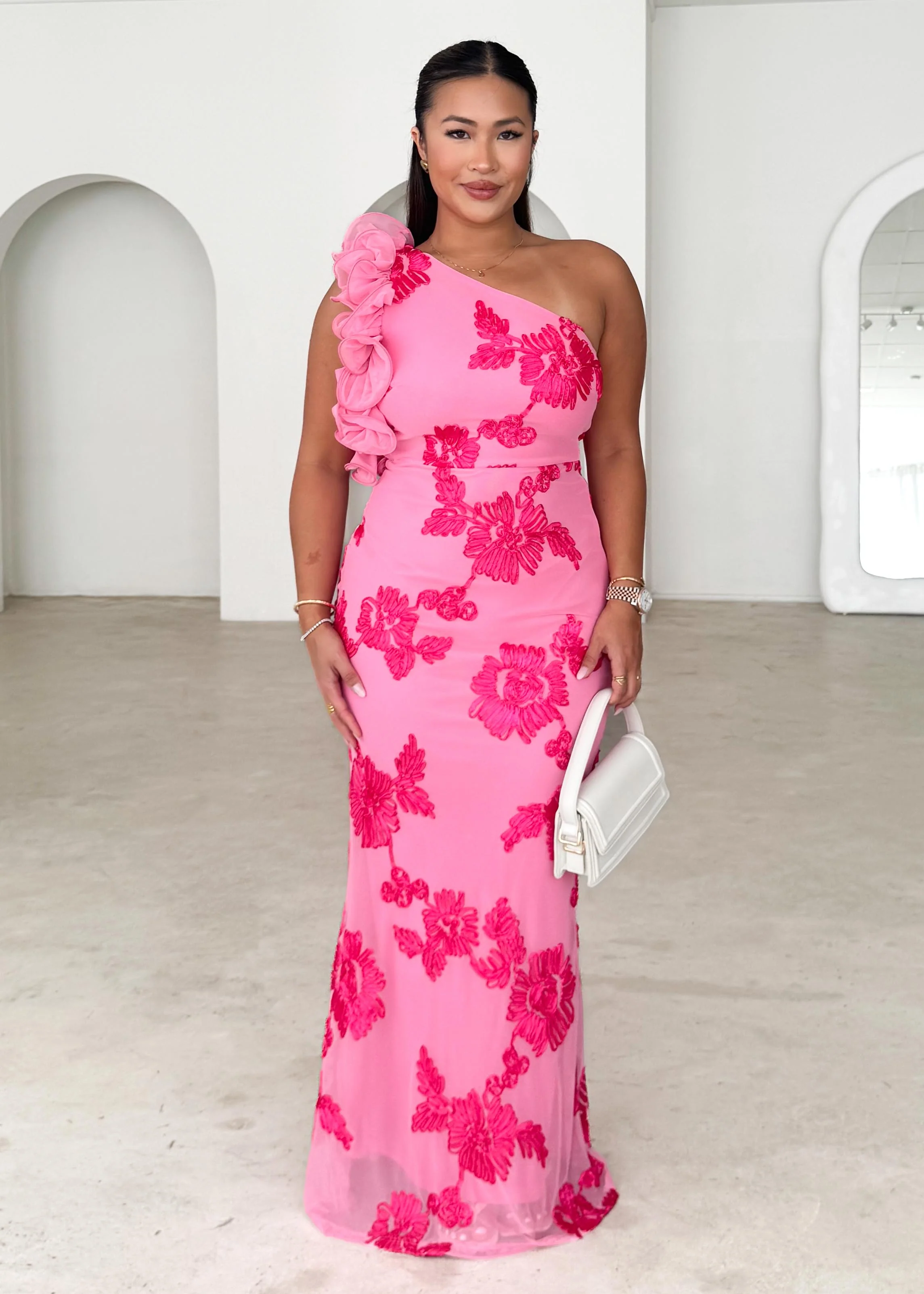 Trilby One Shoulder Mesh Maxi Dress - Pink Floral - Image 5