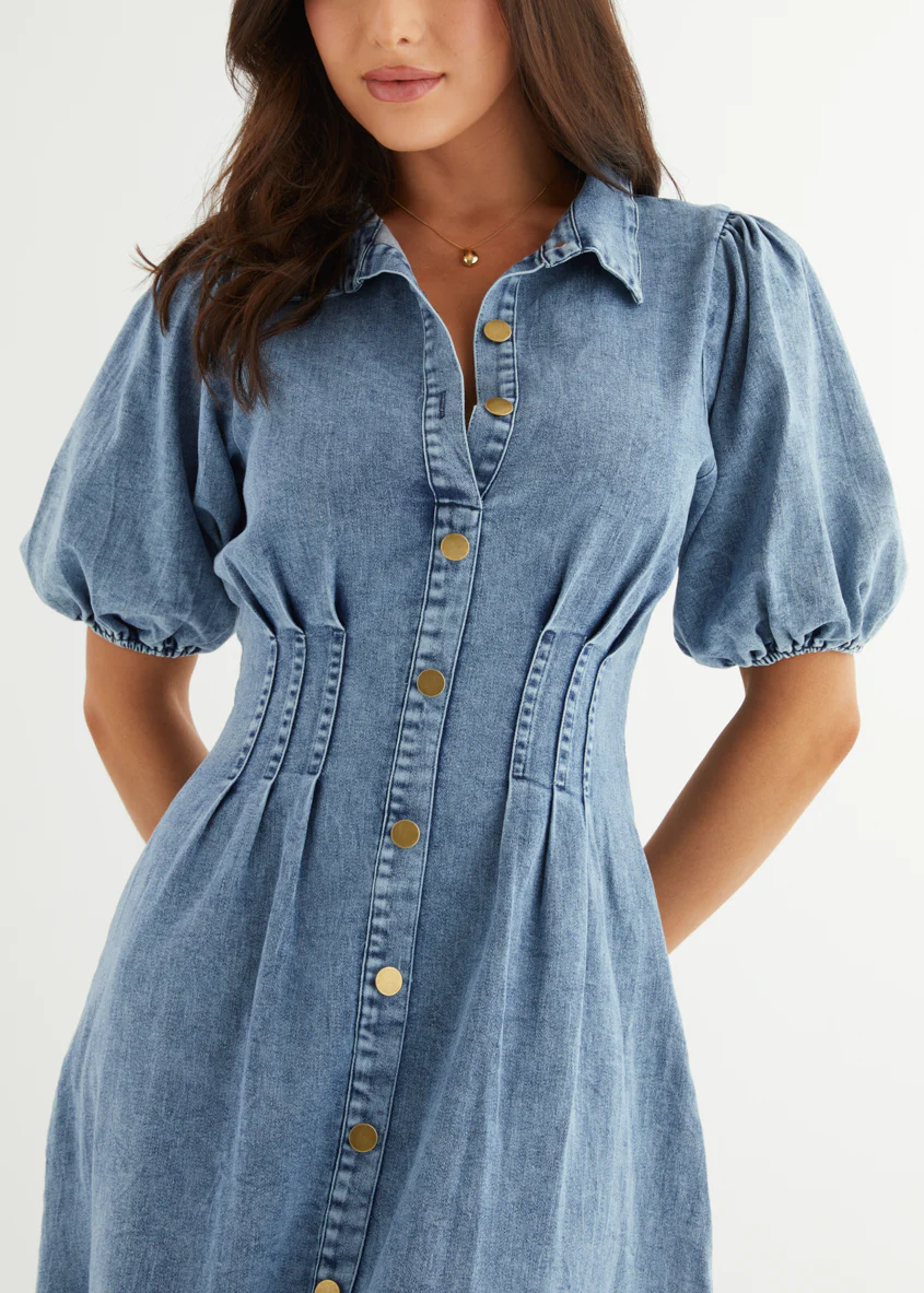 Yves Stretch Denim Midi Dress - Washed Blue - Image 7
