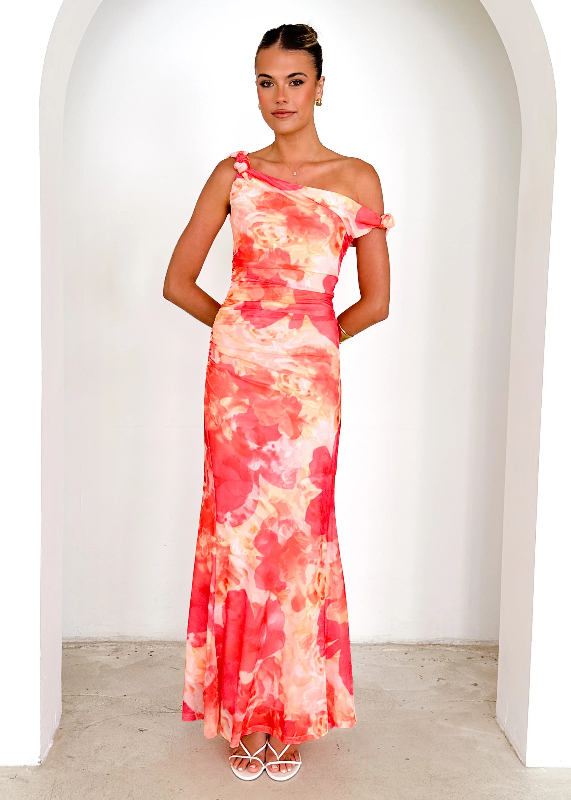 Ziah One Shoulder Mesh Maxi Dress - Magenta Abstract - Image 12